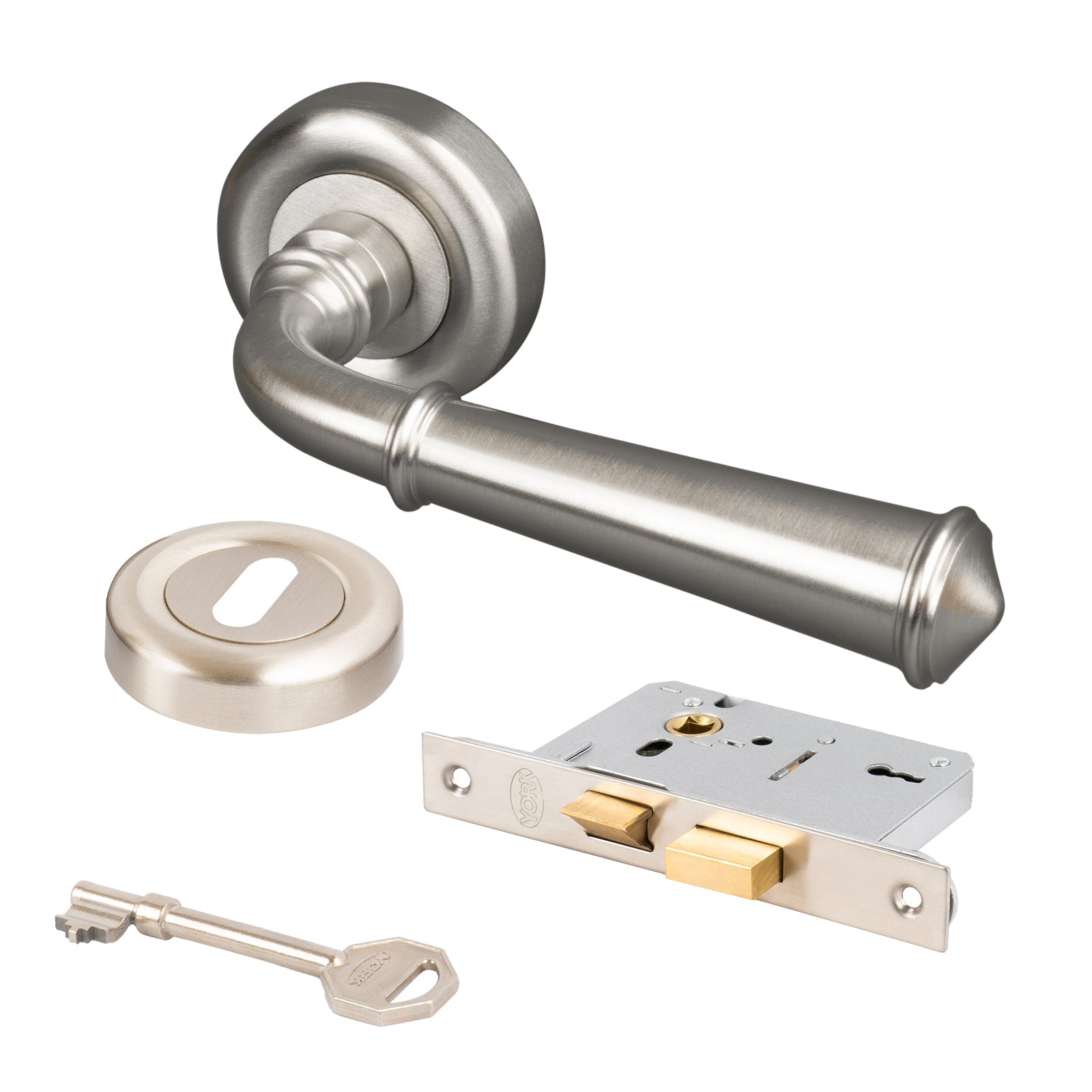 satin nickel  classic round rose handles 3 lever lock set