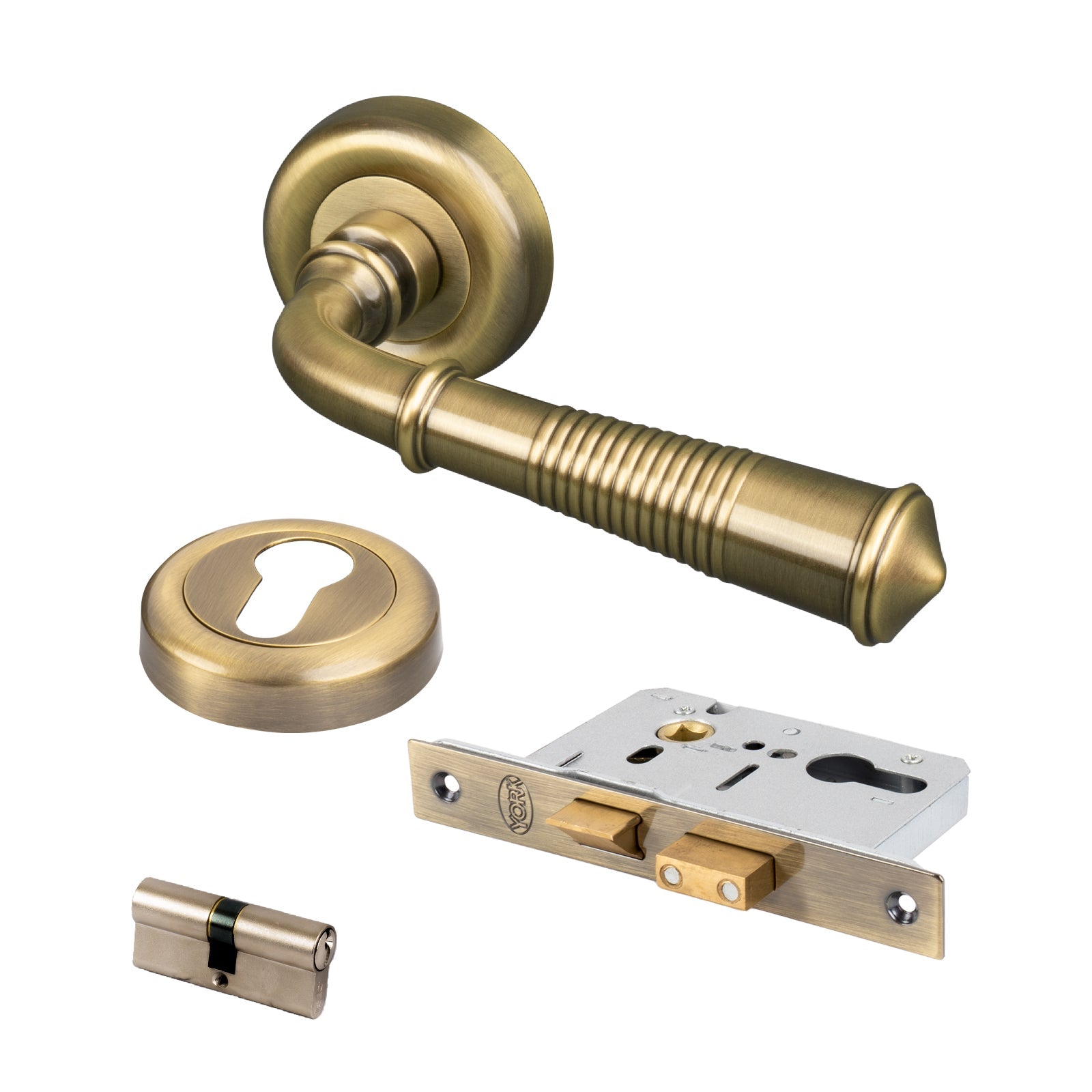 aged brass reeded door handles Euro lock set