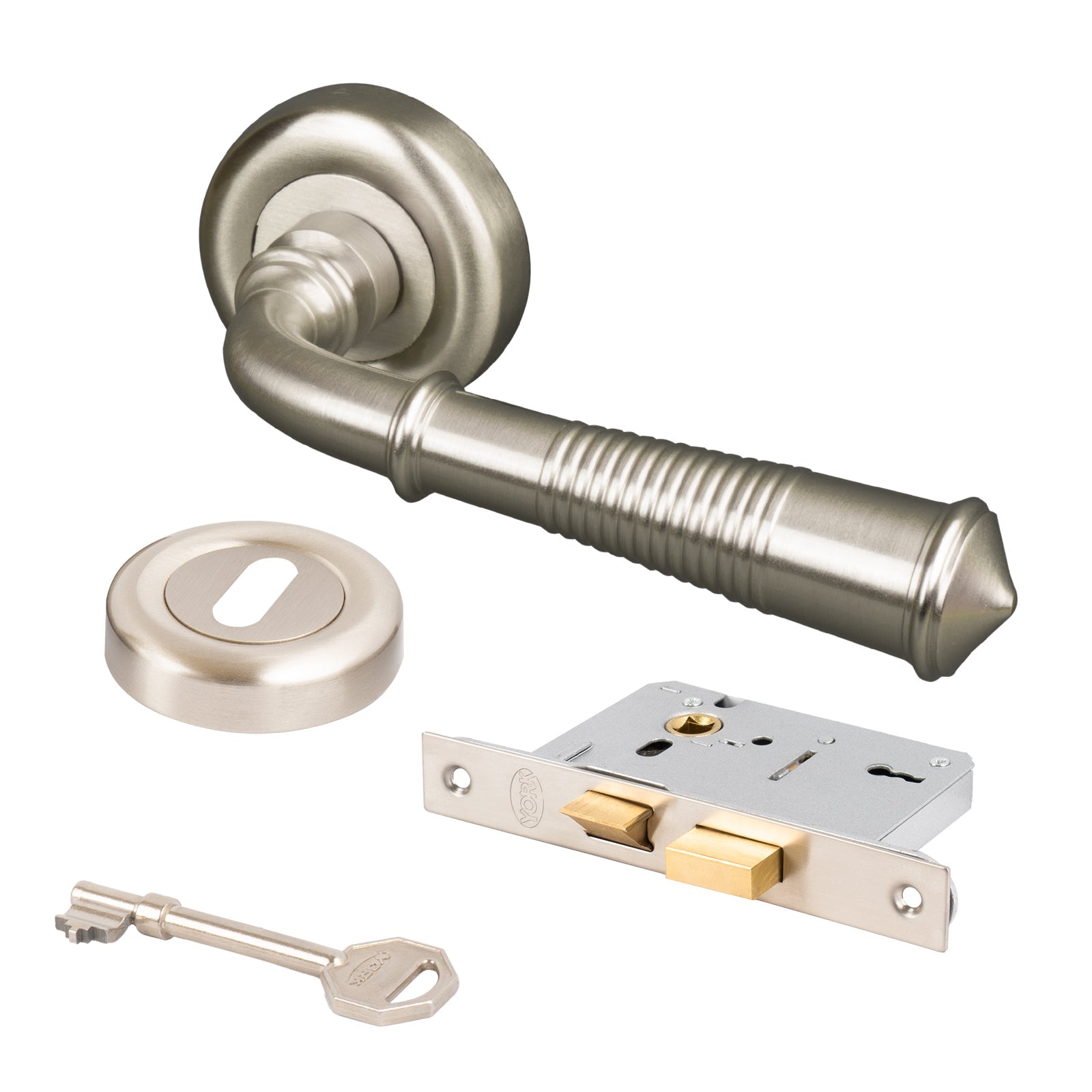 satin nickel reeded rose door handles 3 lever lock set