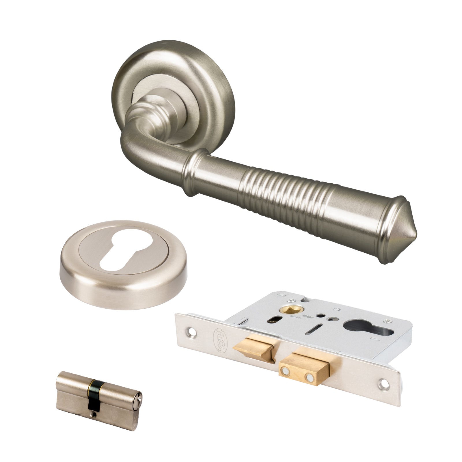 satin nickel reeded door handles on rose Euro profile cylinder lock set