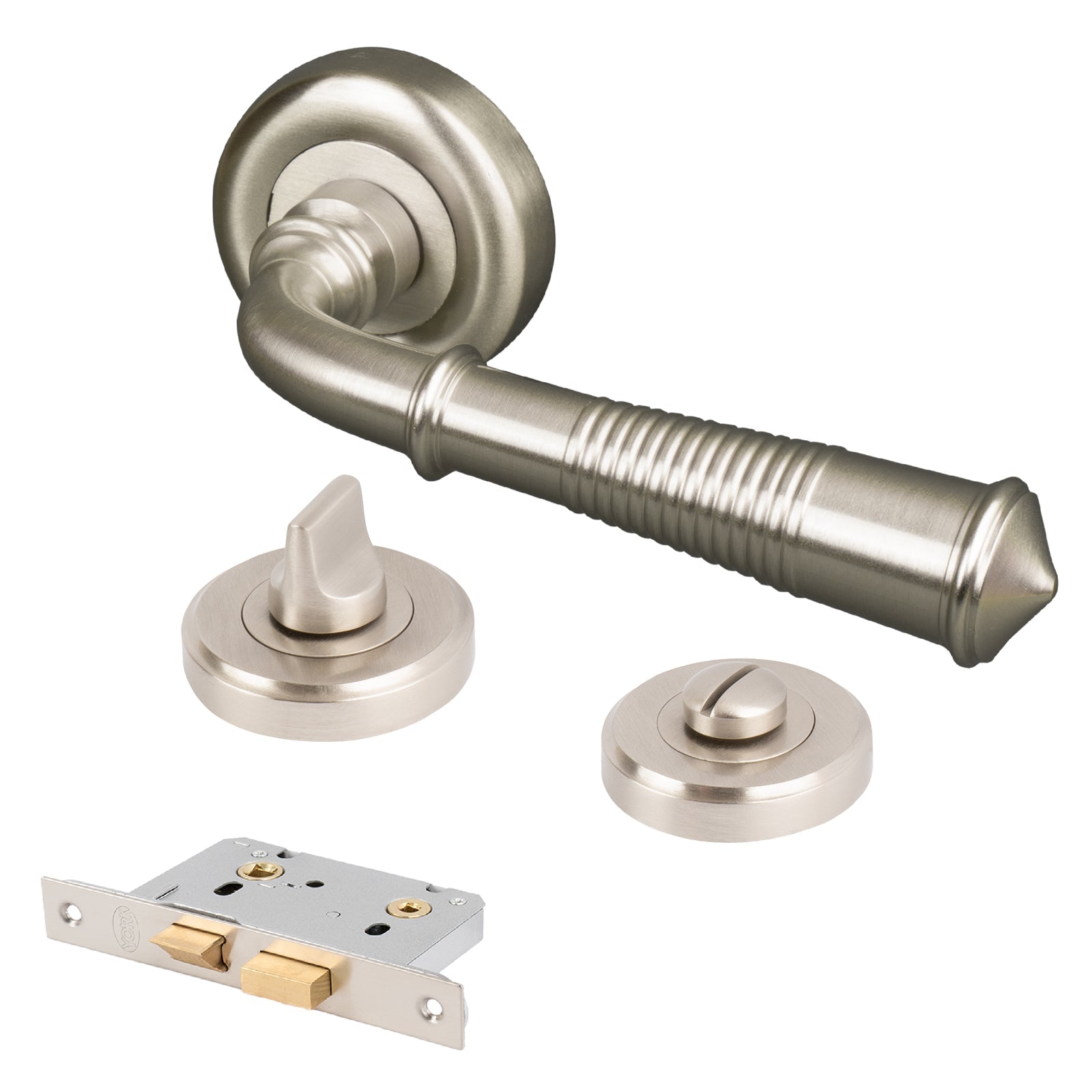 satin nickel reeded door handles on rose bathroom lock set