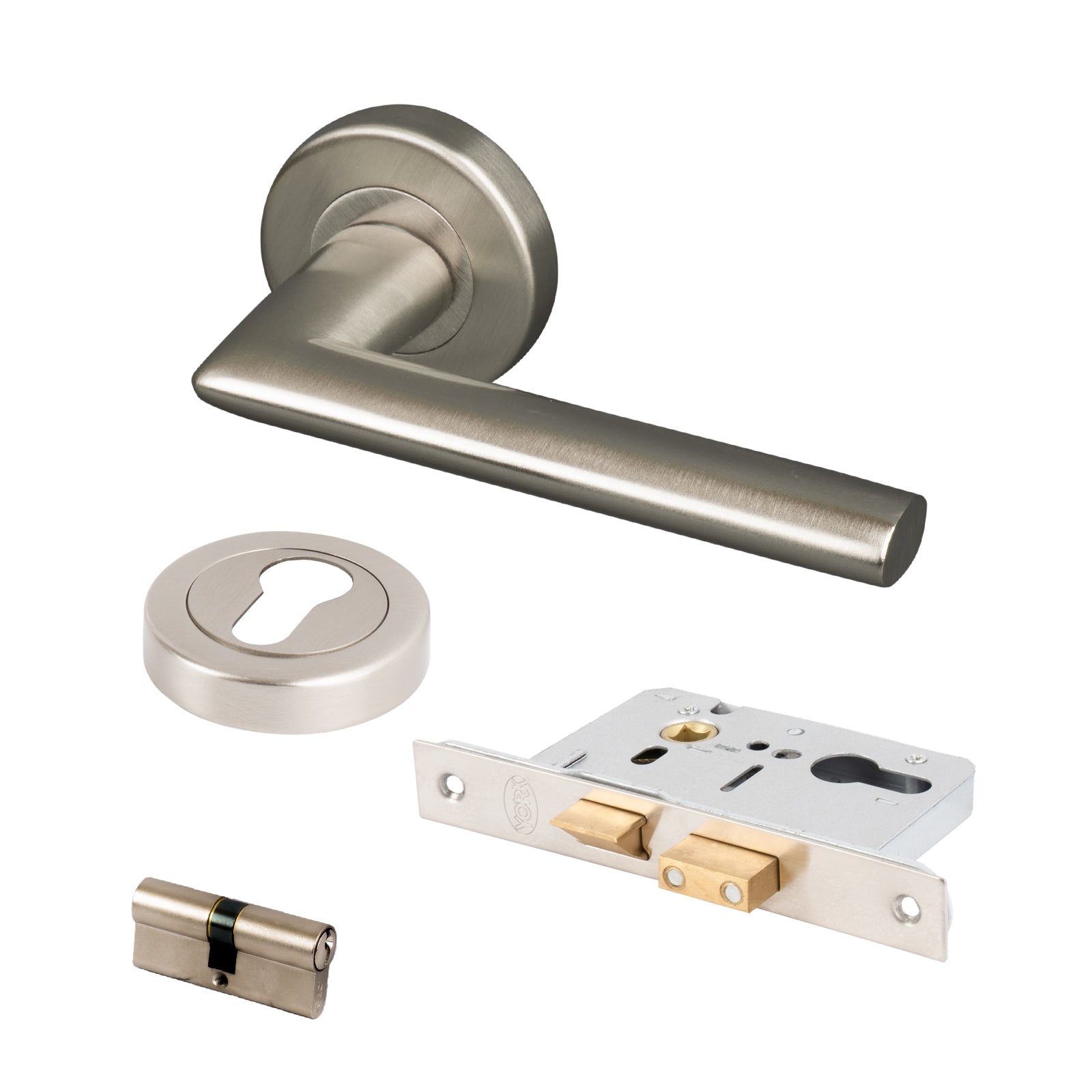 satin nickel Lena round rose door handles Euro profile lock set and escutcheon