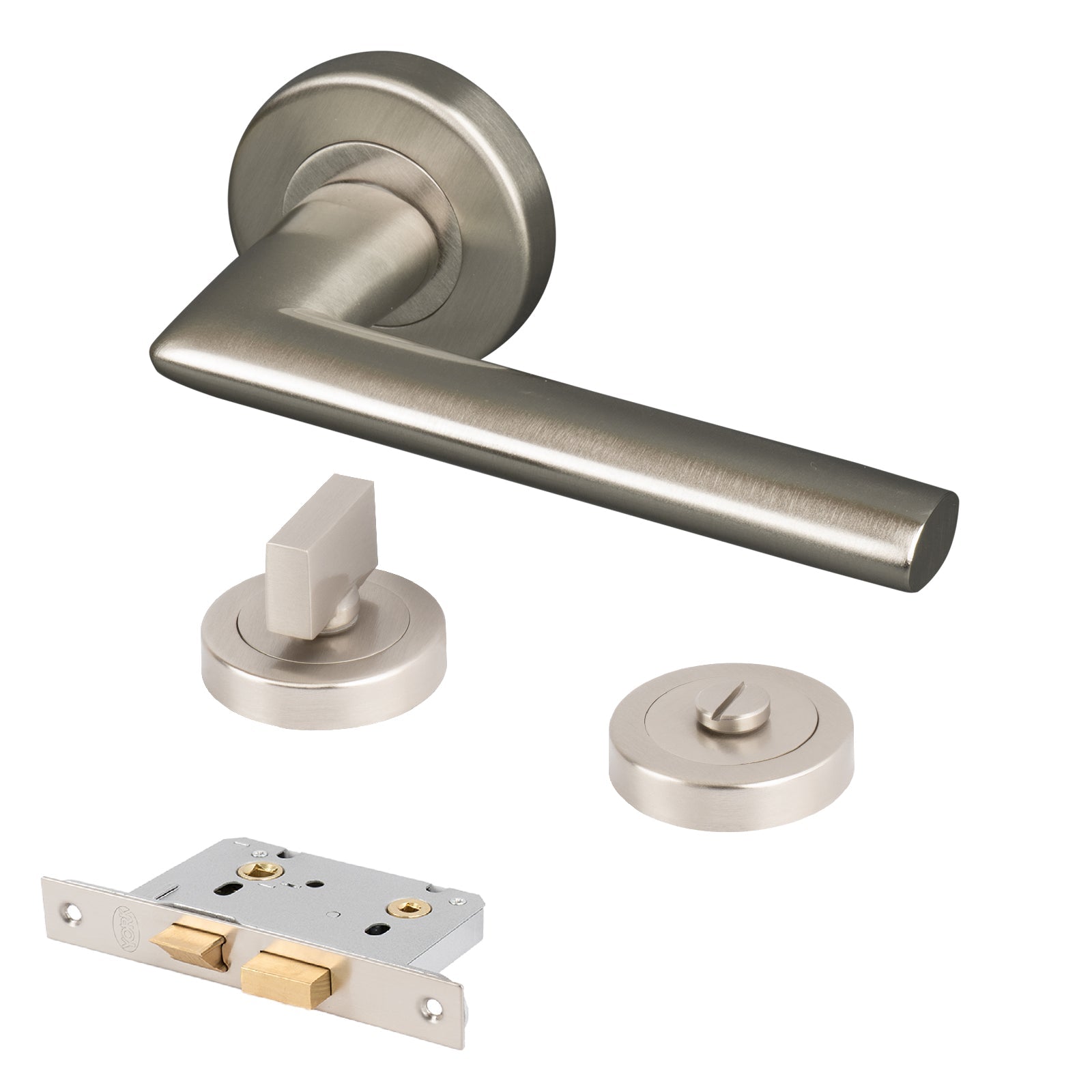 satin nickel Lena round rose lever handles bathroom turn lock set