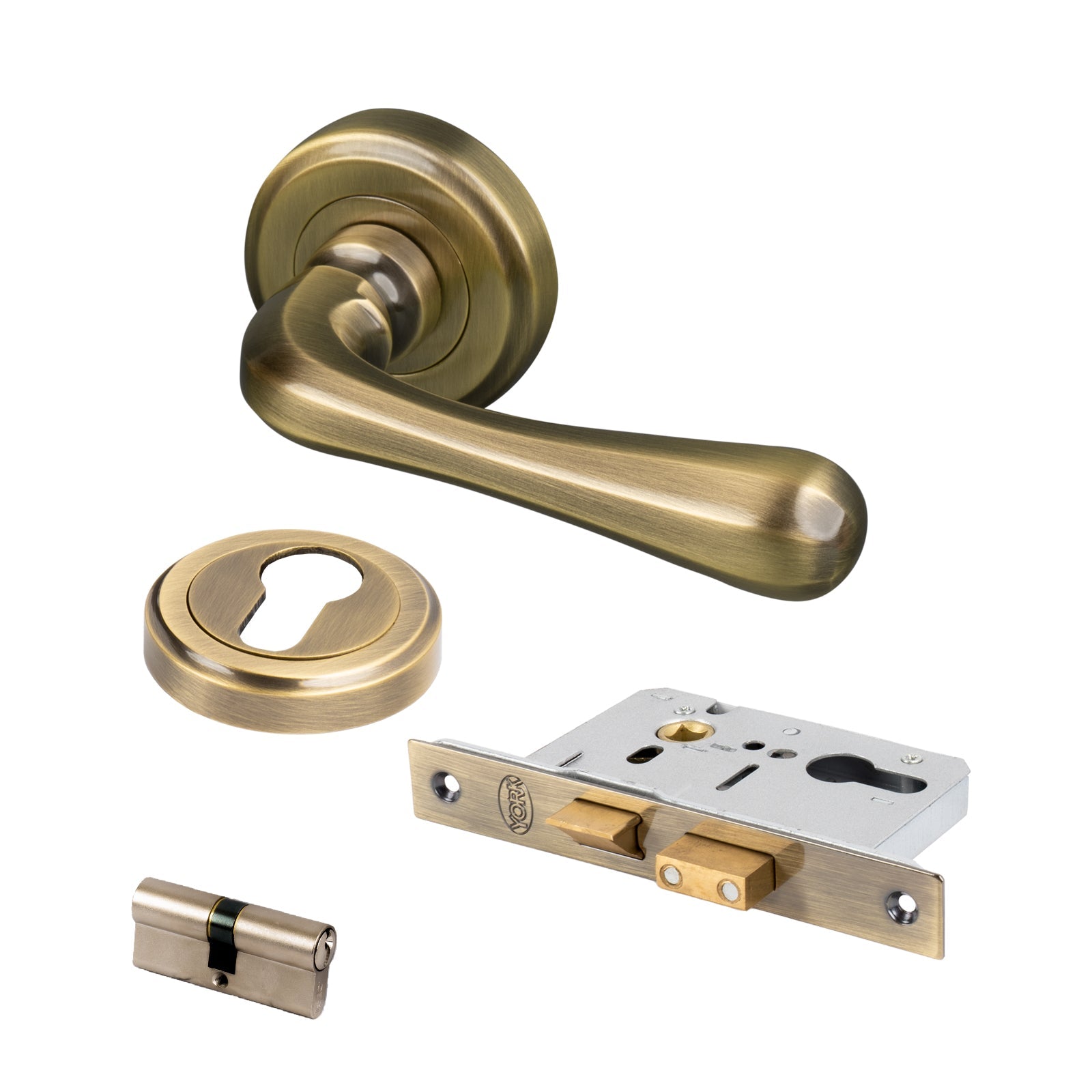 aged brass Charlbury handles on rose Euro profile lock set