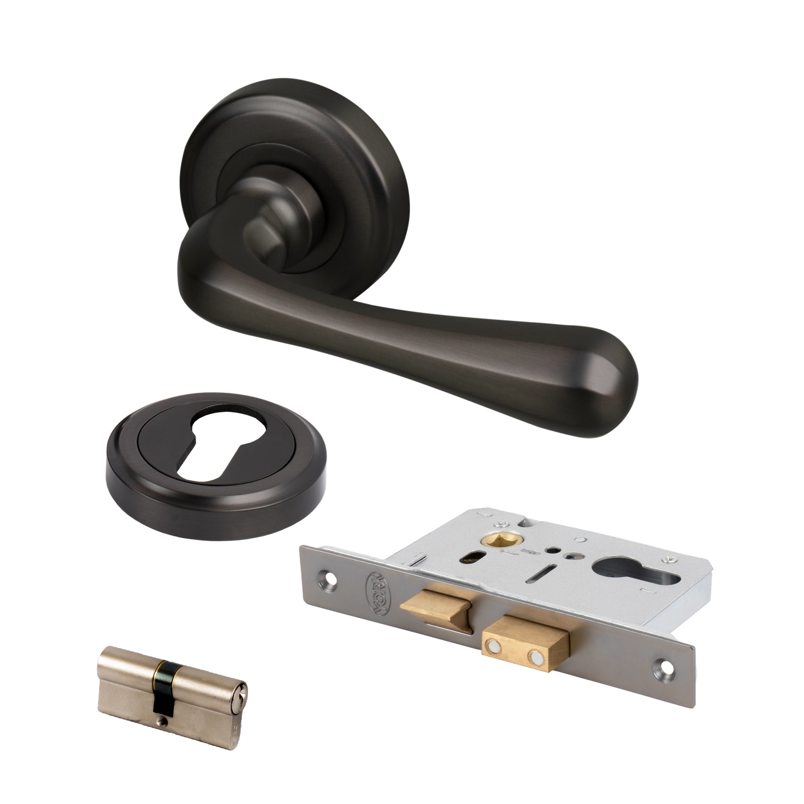 bronze Charlbury door handles on rose front door Euro lock set