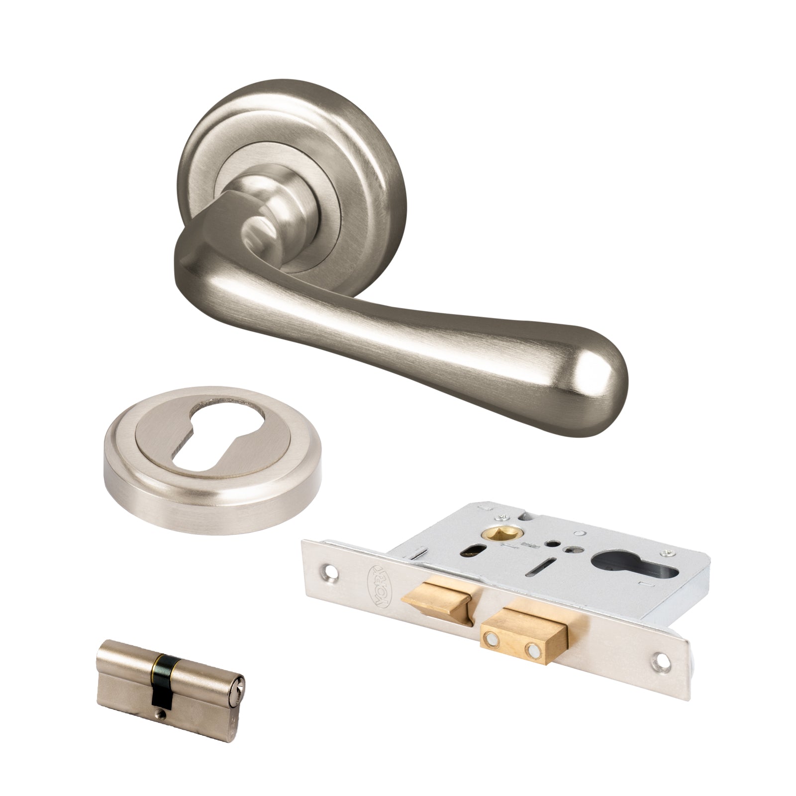 satin nickel Charlbury rose door handles Euro lock set