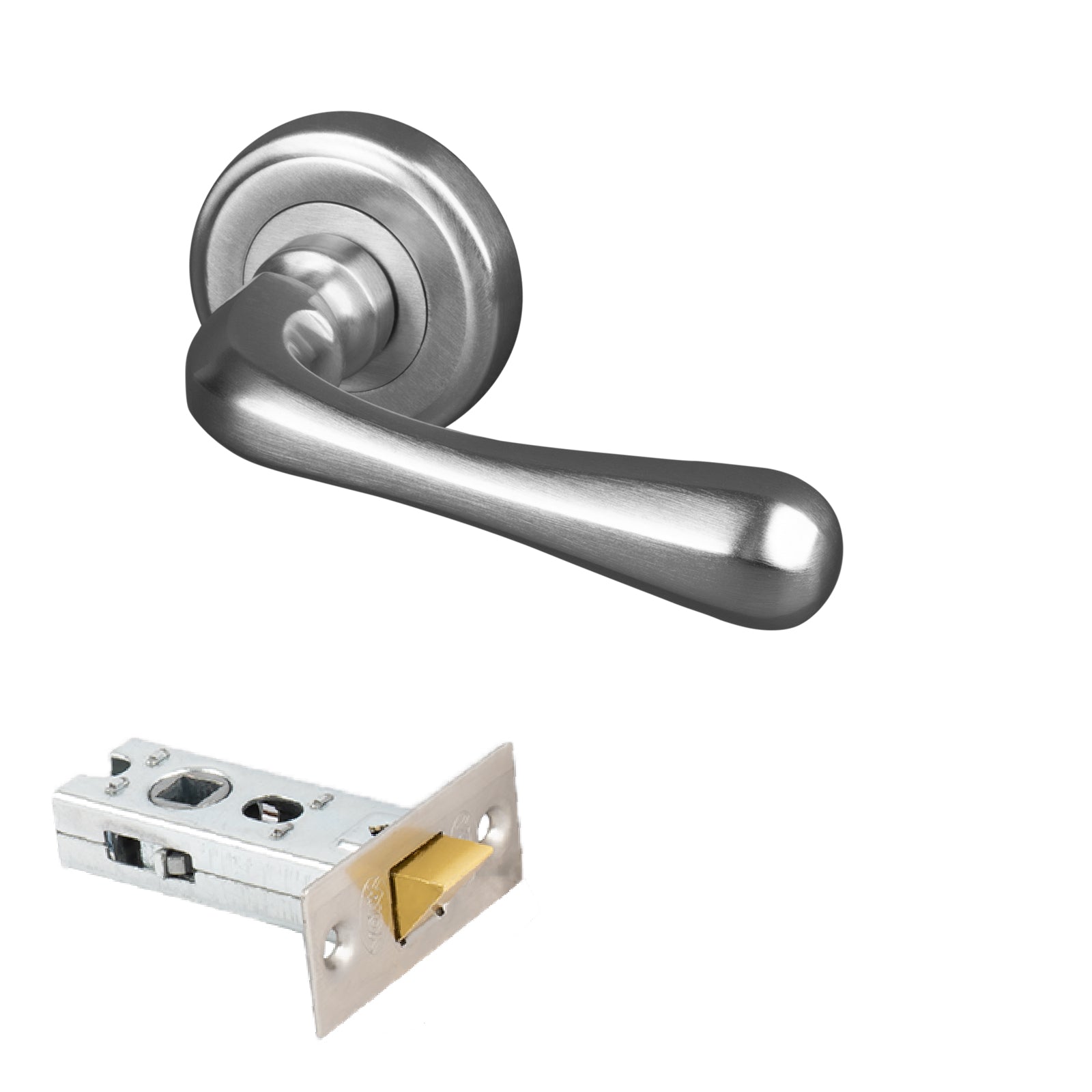 satin nickel traditional lever on rose door latch handle set, 2.5 inch latch