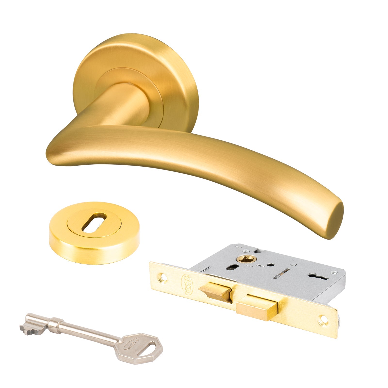 satin brass Centaur lever on rose handles with 3 lever lock set and escutcheon