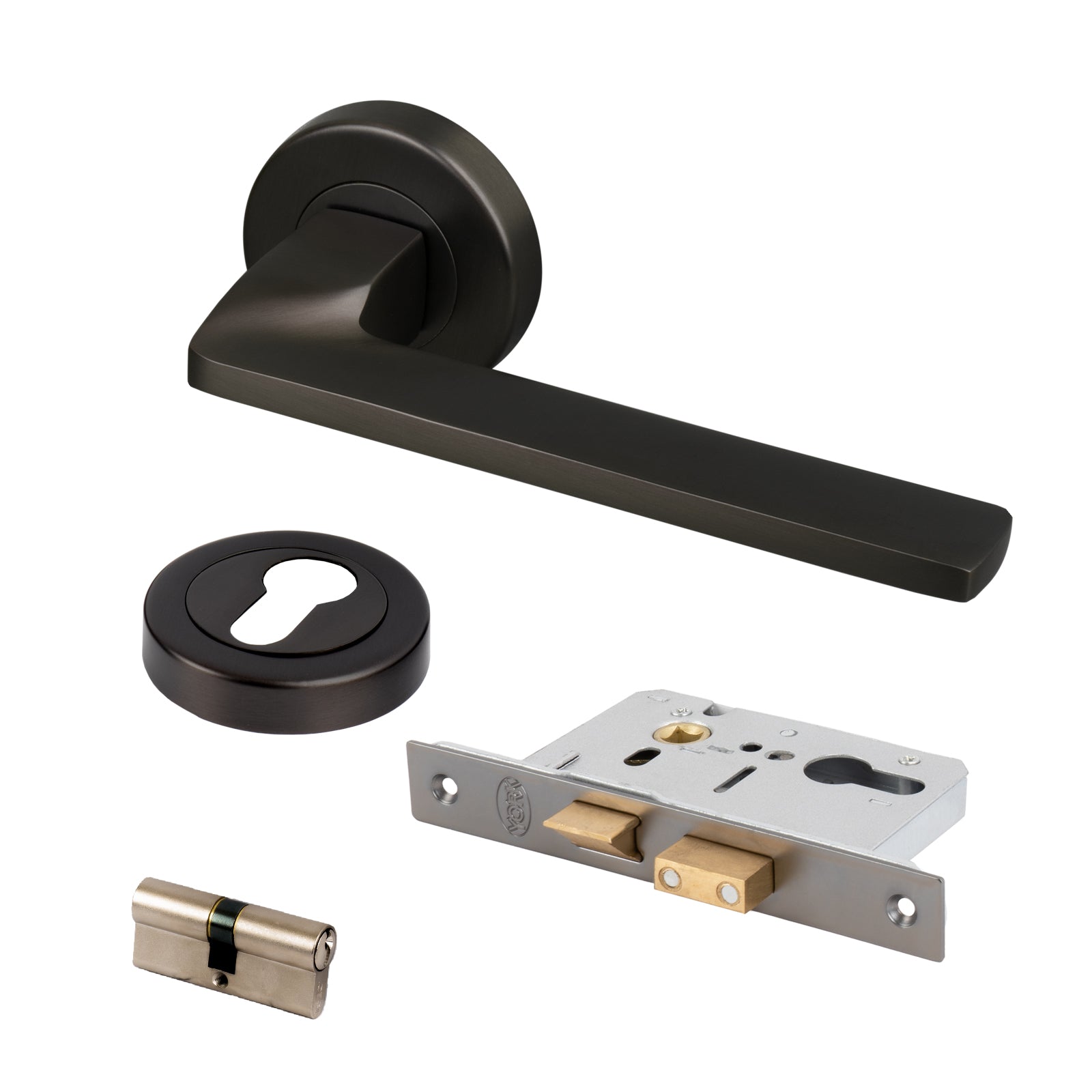 bronze front door lever on rose handles, euro lock set, modern bronze handle set