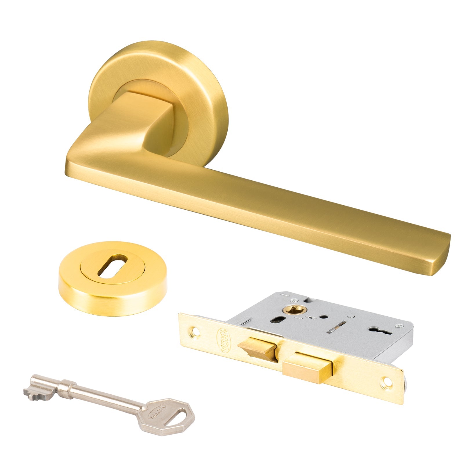 satin brass Indigo round rose handles 3 lever lock set and escutcheon