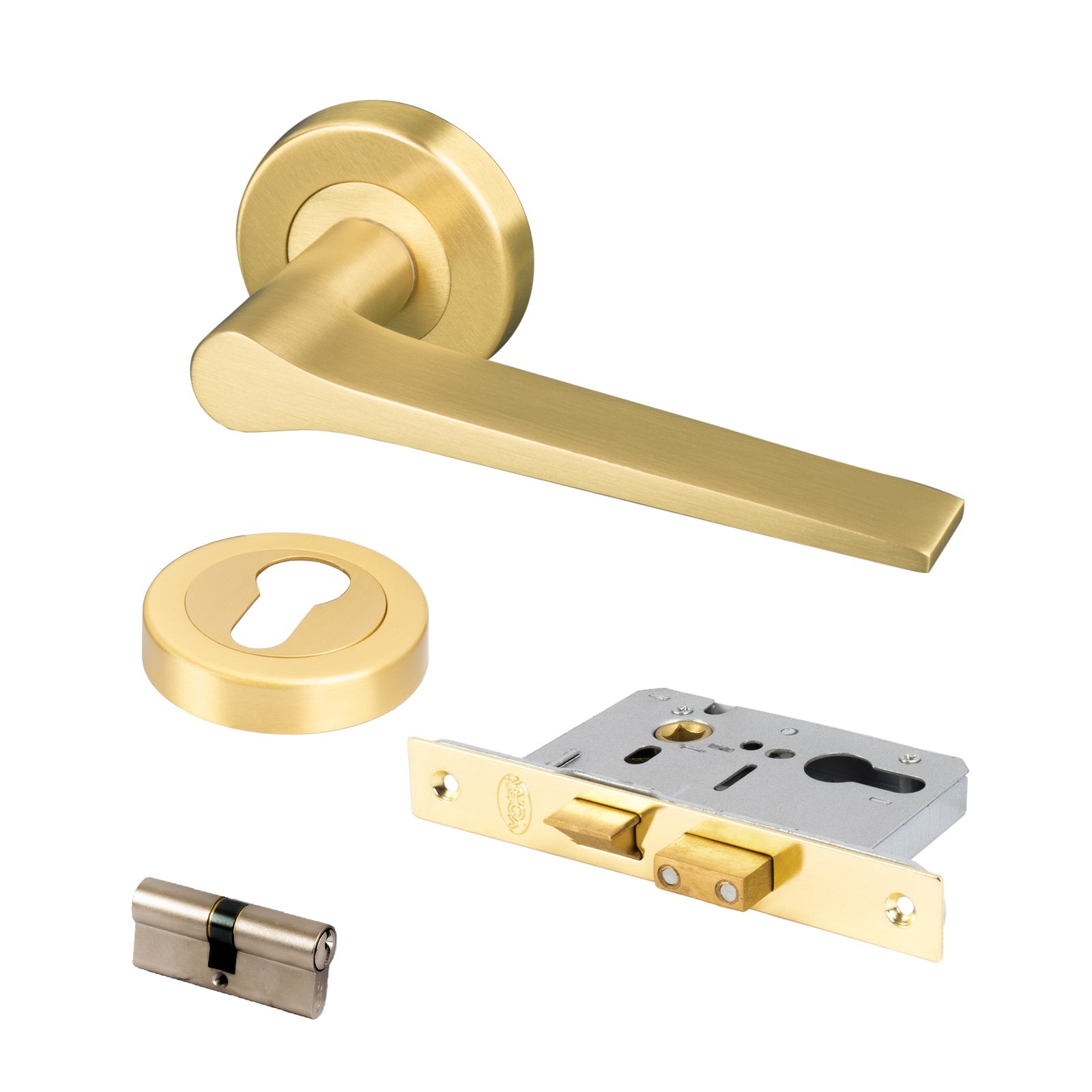 satin brass Gio round rose lever handles Euro lock set and escutcheon