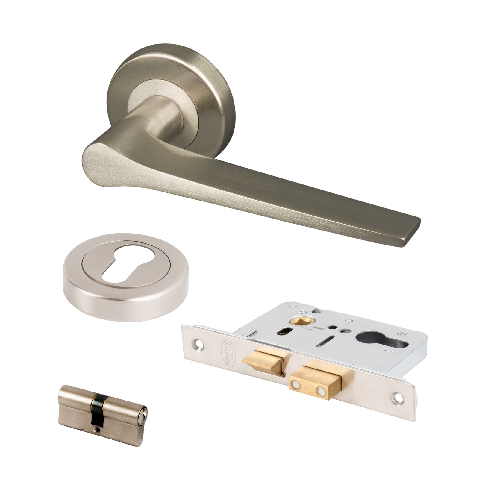 satin nickel Gio door handles on rose Euro cylinder lock profile set