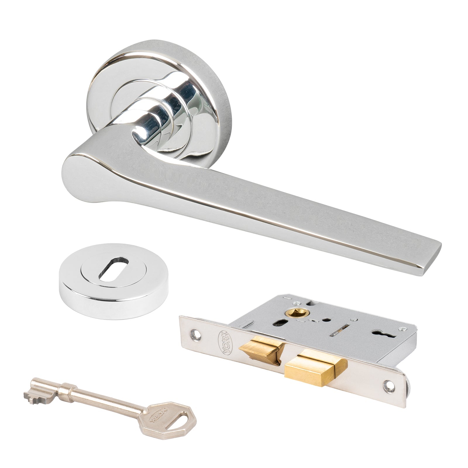 chrome Gio round rose handles 3 lever lock set and escutcheon