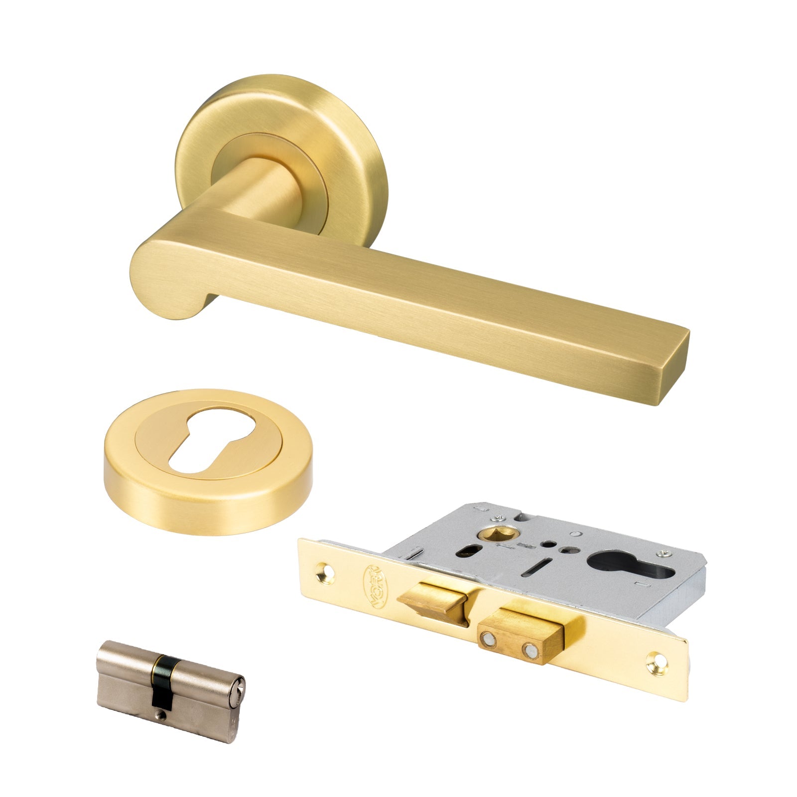 satin brass Lugano round rose handles Euro lock set for front doors