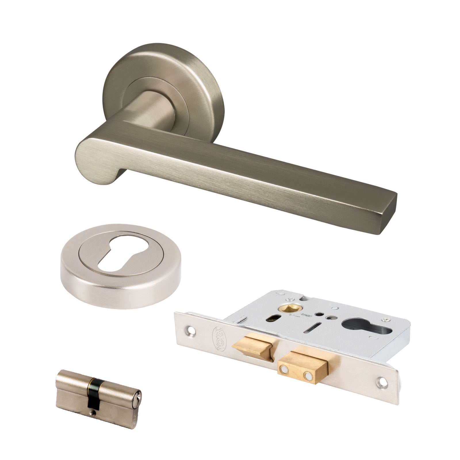 satin nickel Lugano round rose handles Euro lock set with keyhole cover