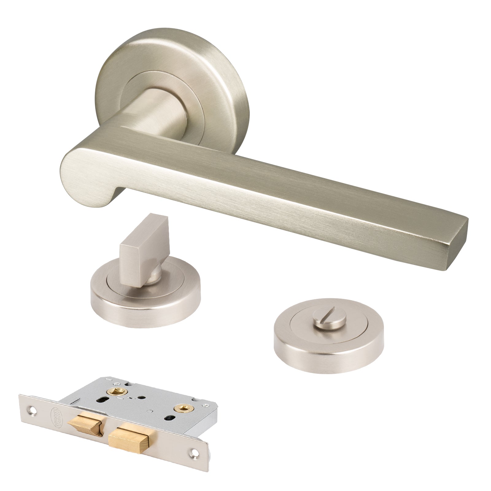 satin nickel Lugano handles on rose bathroom thumb turn lock set