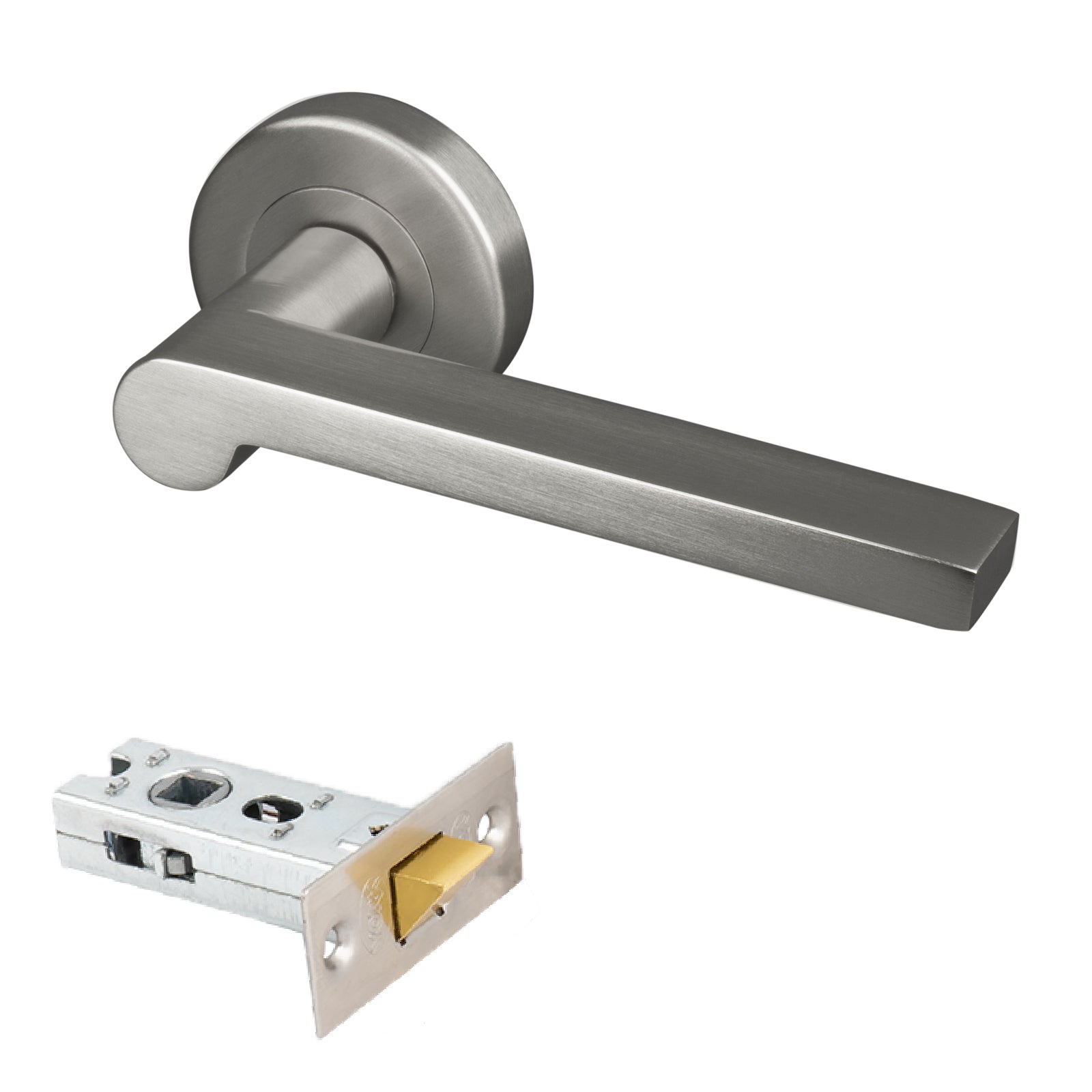 satin nickel round rose straight lever handle 2.5 inch latch set