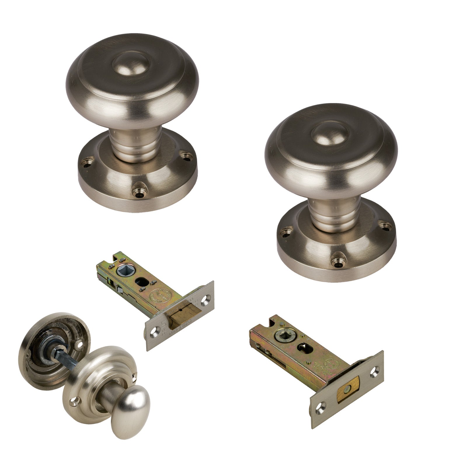 Aylesbury Door Knob on Rose with Satin Nickel 3 inch bathroom set