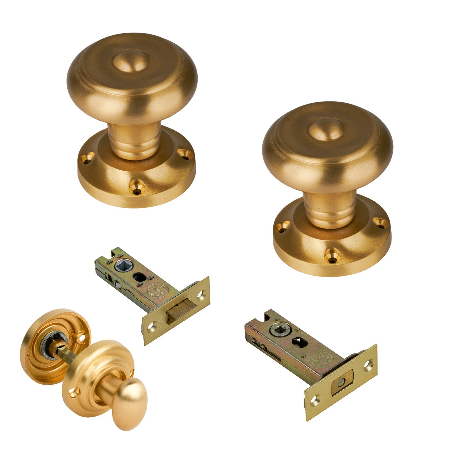 Aylesbury Door Knob on Rose with Satin Brass 3 inch bathroom set