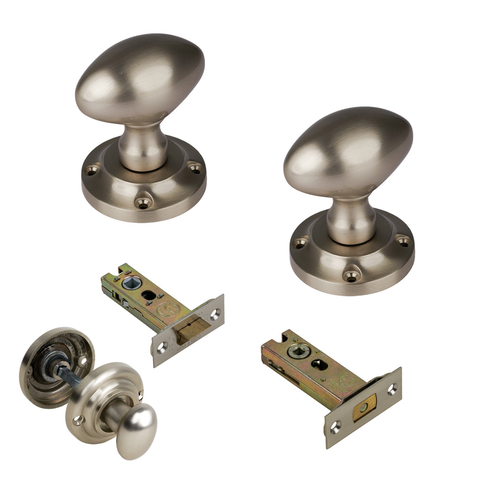 Suffolk Oval Door Knob on Rose with Satin Nickel 3 inch bathroom set