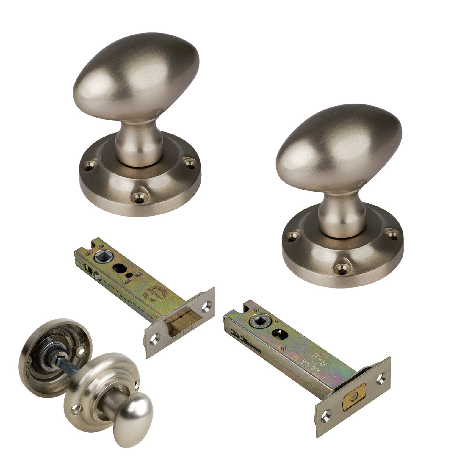 Suffolk Oval Door Knob on Rose with Satin Nickel 4 inch bathroom set