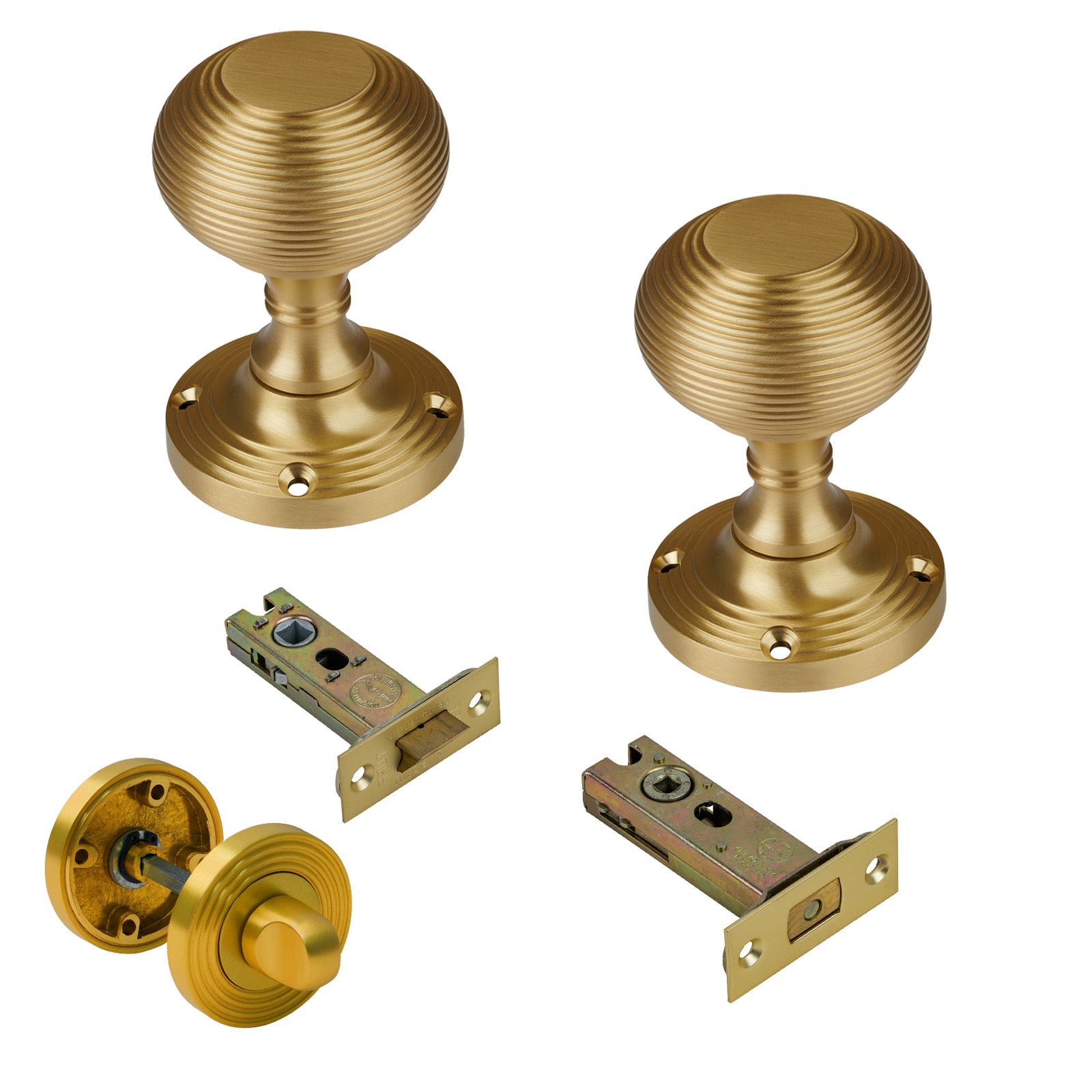 Reeded Door Knob on Rose with Satin Brass 3 inch bathroom set