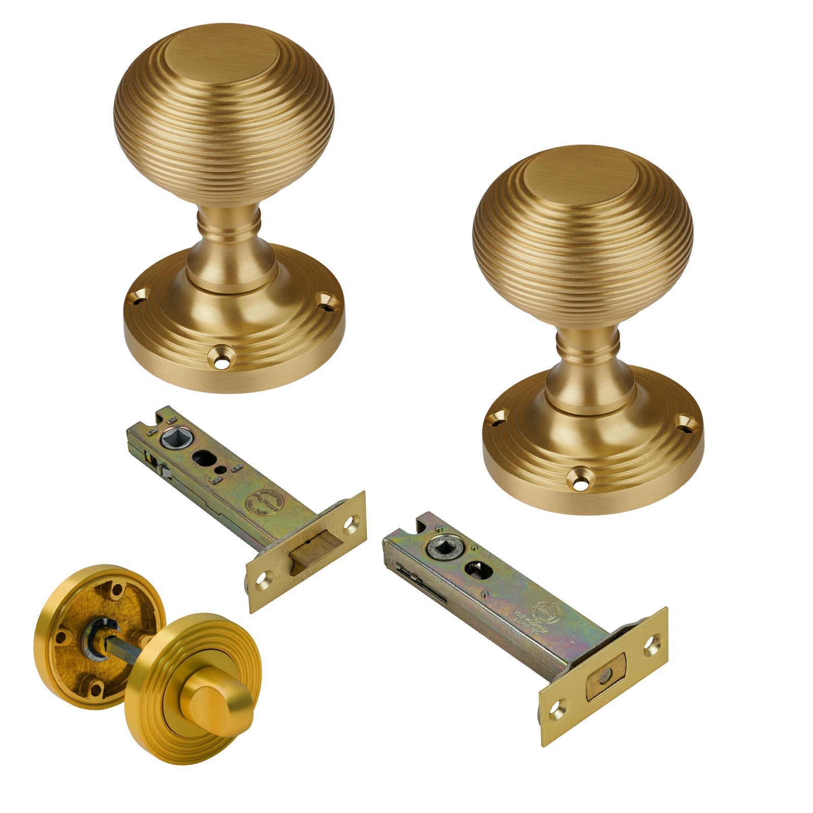 Reeded Door Knob on Rose with Satin Brass 4 inch bathroom set