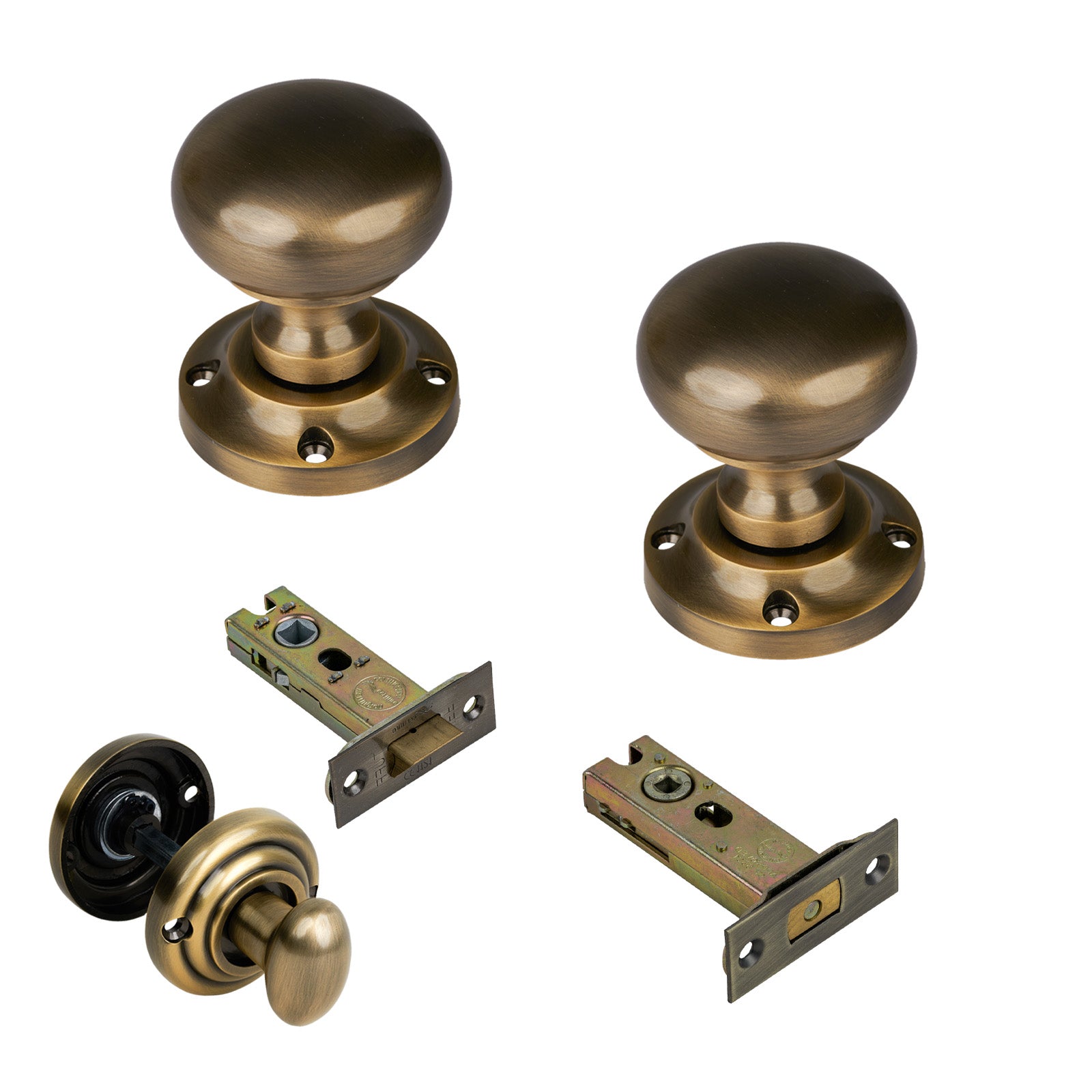 Victoria Door Knob on Rose with Aged Brass 3 inch bathroom set