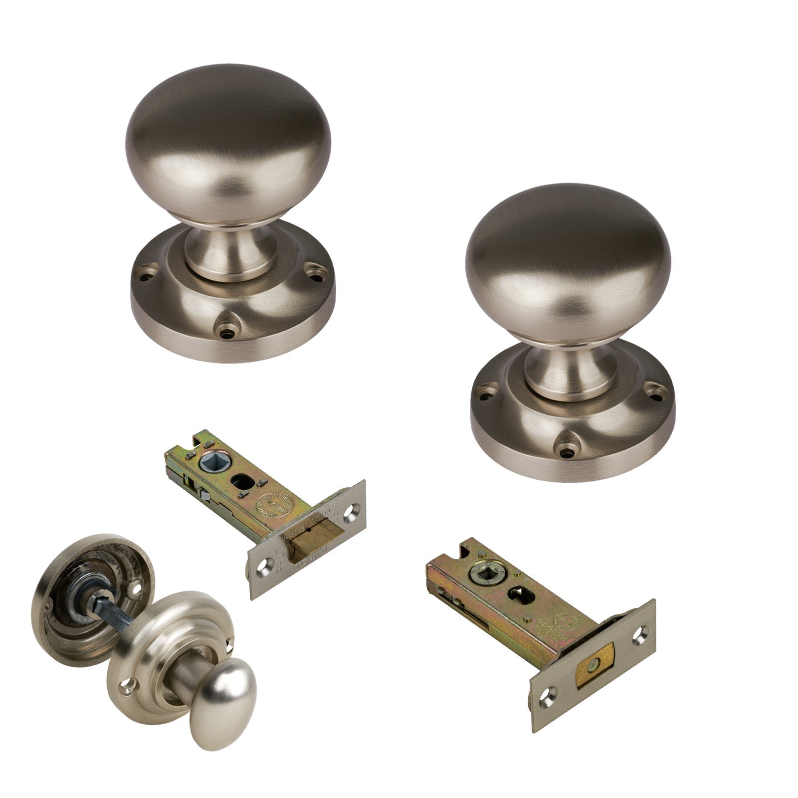 Victoria Door Knob on Rose with Satin Nickel 3 inch bathroom set