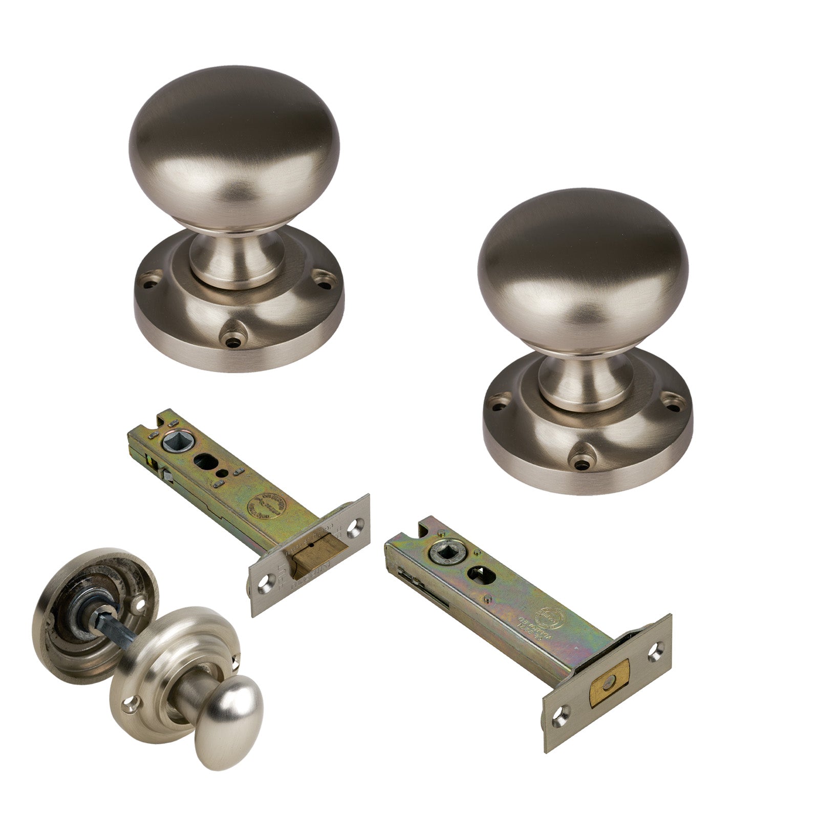 Victoria Door Knob on Rose with Satin Nickel 4 inch bathroom set