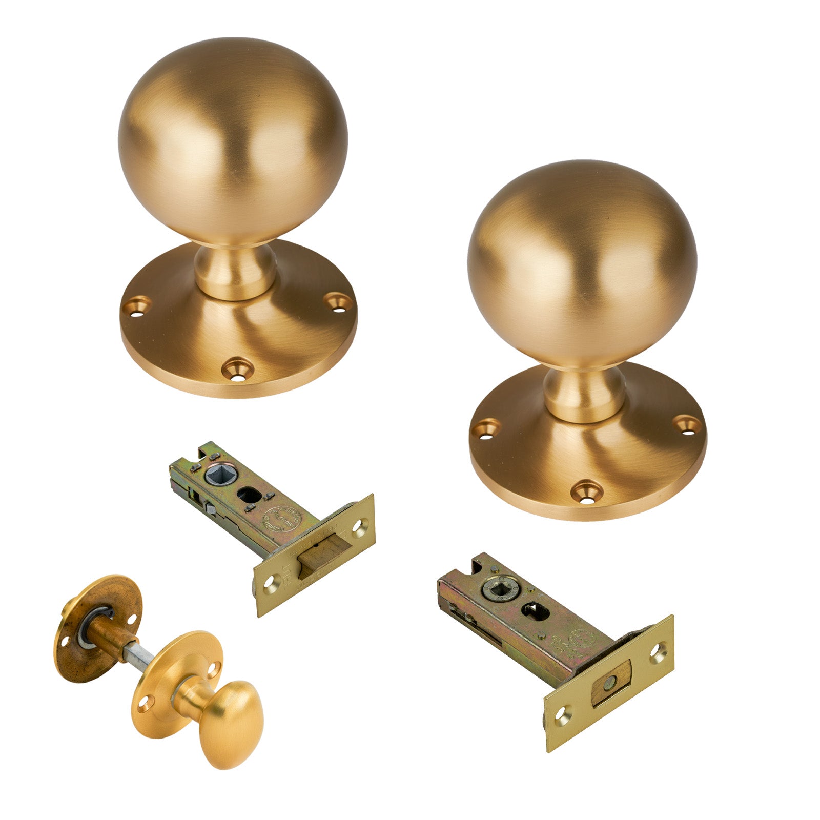 Westminster Door Knob on Rose with Satin Brass 3 inch bathroom set