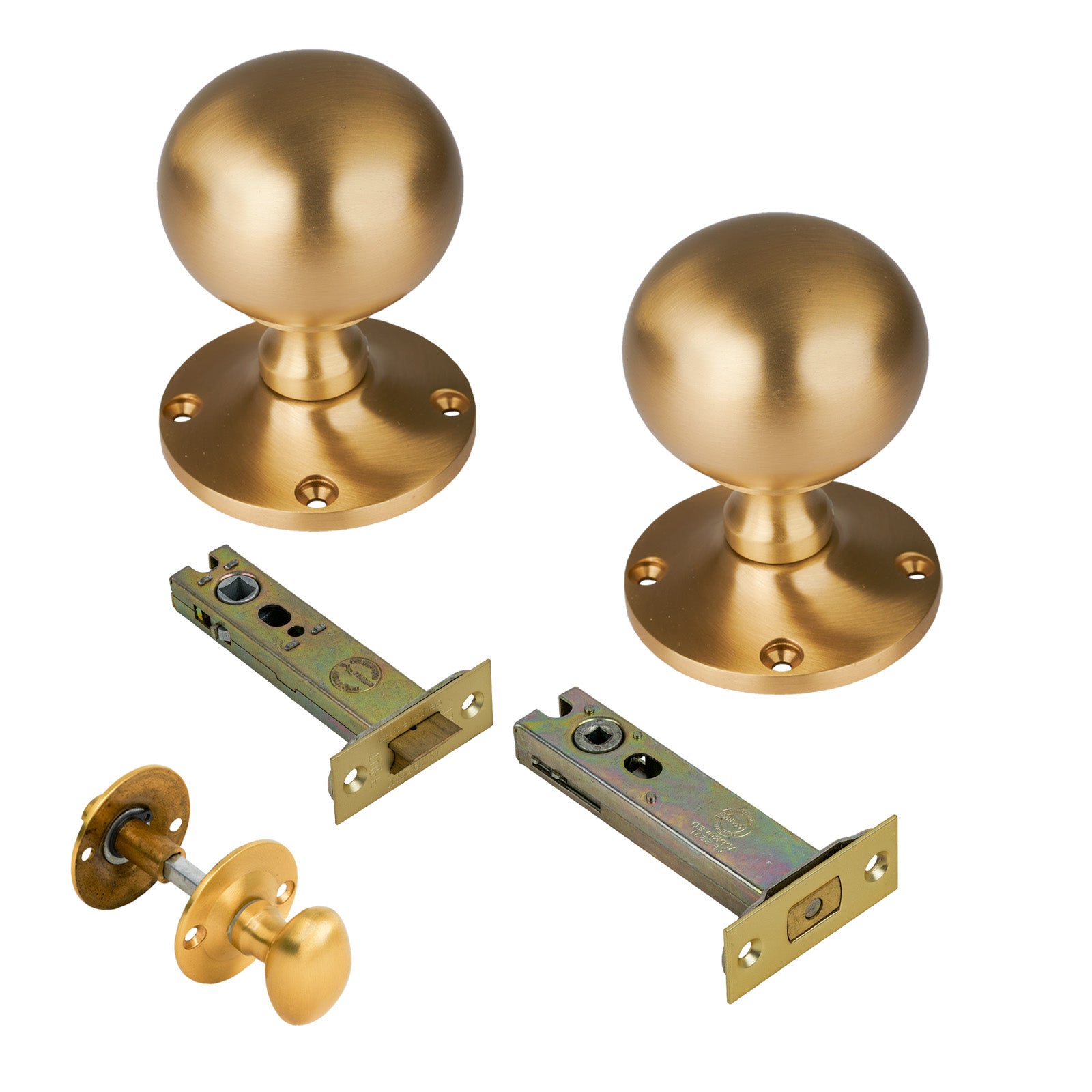 Westminster Door Knob on Rose with Satin Brass 4 inch bathroom set