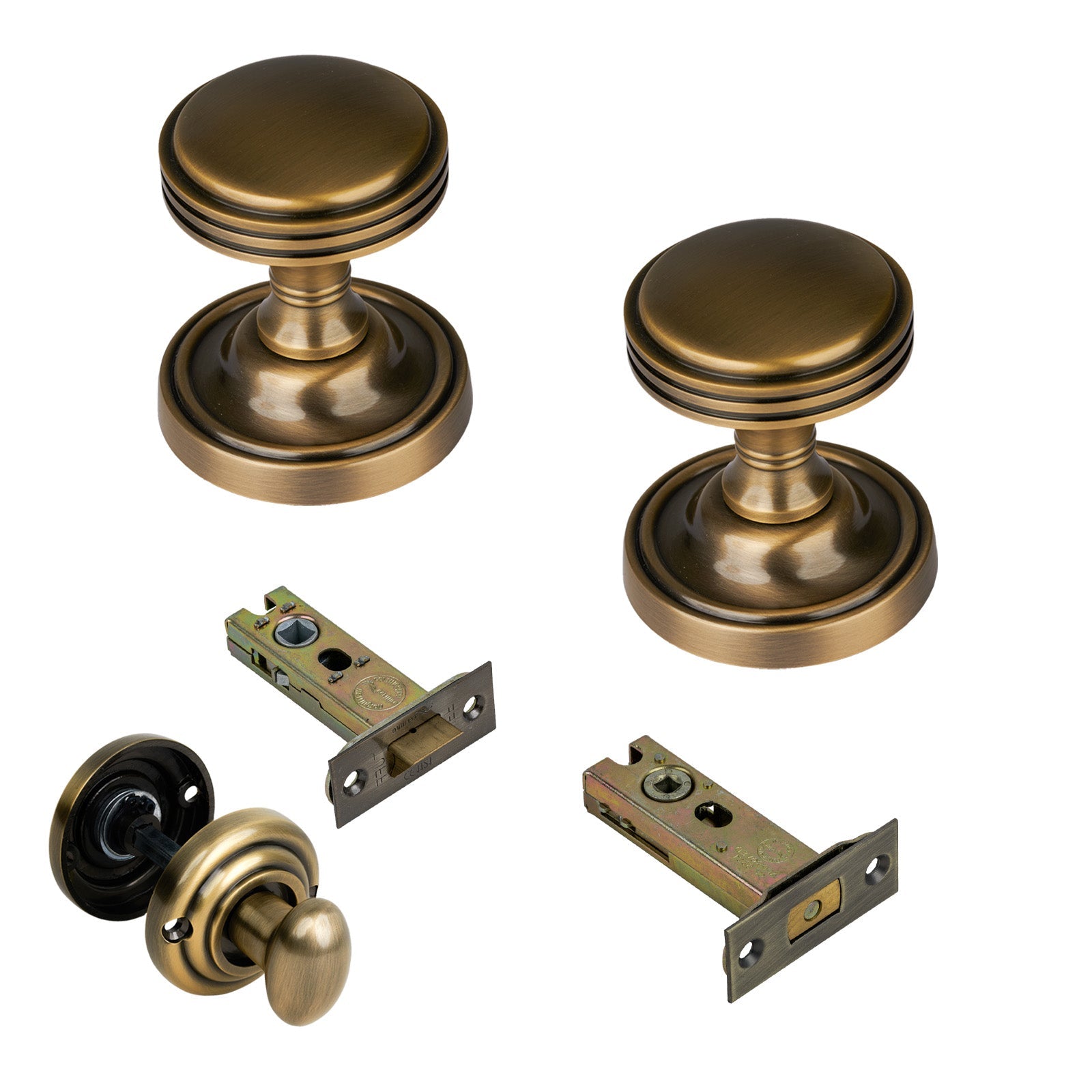 Whitehall Door Knob on Rose with Aged Brass 3 inch bathroom set