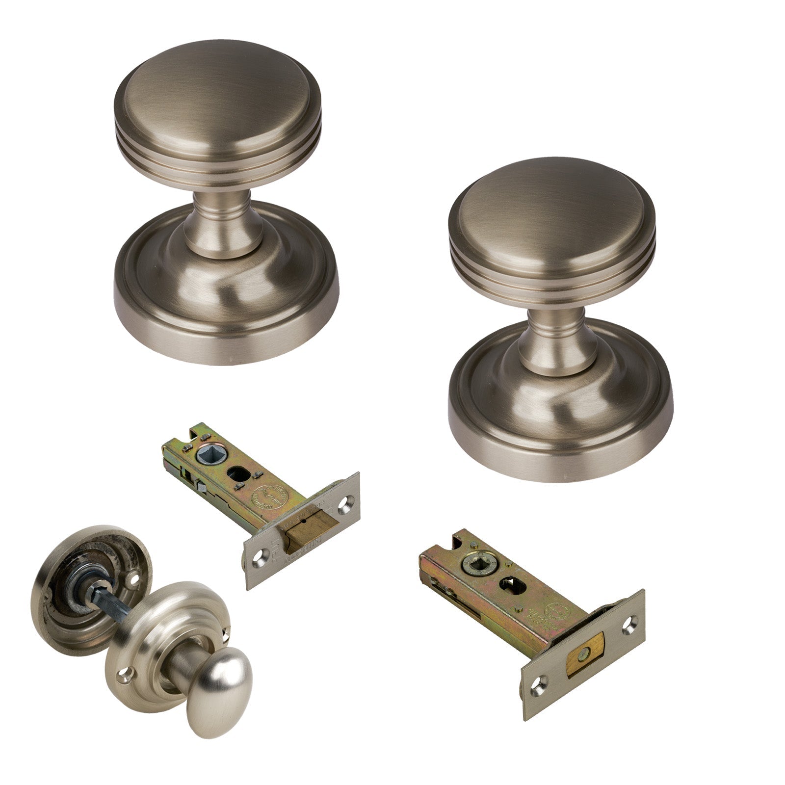 Whitehall Door Knob on Rose with Satin Nickel 3 inch bathroom set