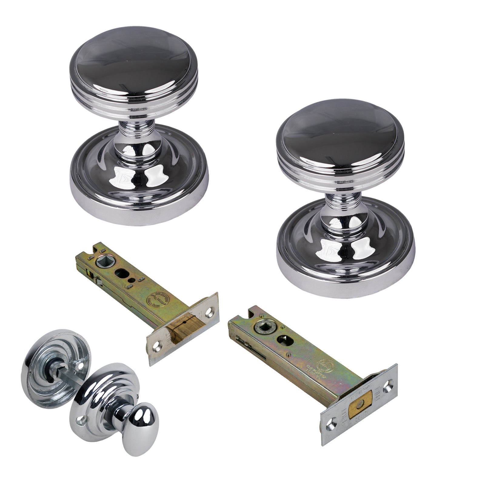 Whitehall Door Knob on Rose with Polished Chrome 4 inch bathroom set