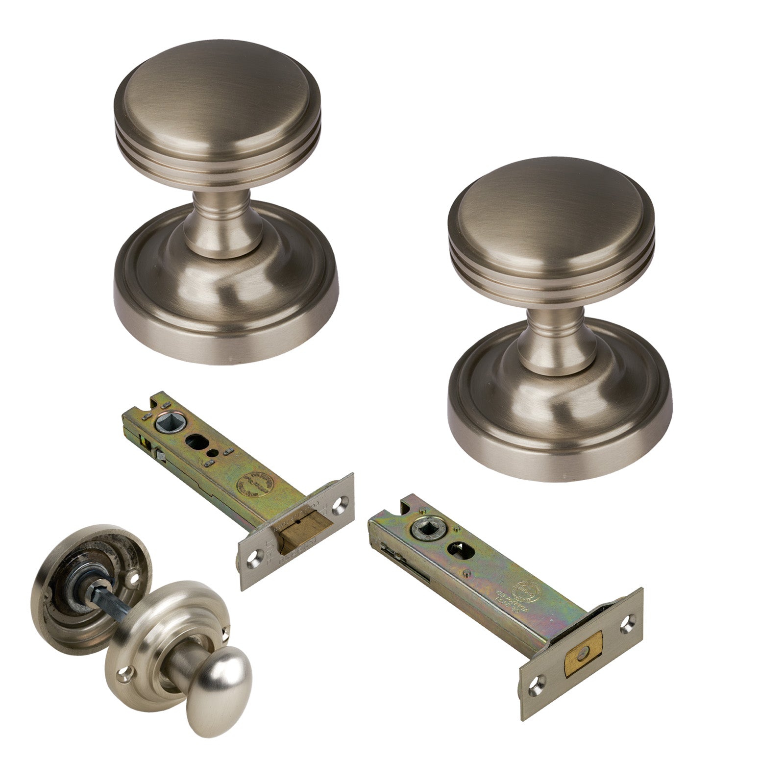 Whitehall Door Knob on Rose with Satin Nickel 4 inch bathroom set