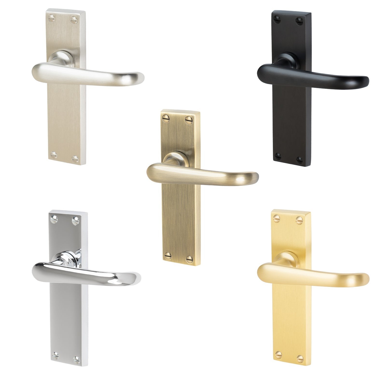 Windsor Door Handles On Plate Latch Handle in Matt Bronze, Satin Nickel, Polished Chrome, Satin Brass and Aged Brass.