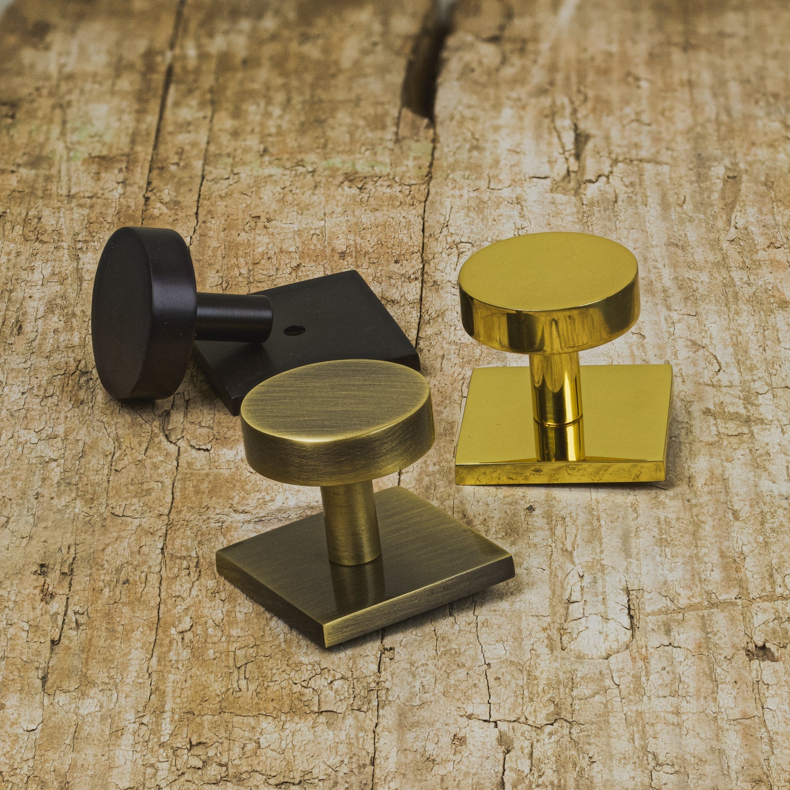 Disc cabinet knobs on square backplate, traditional cupboard knobs, brass kitchen handles SHOW