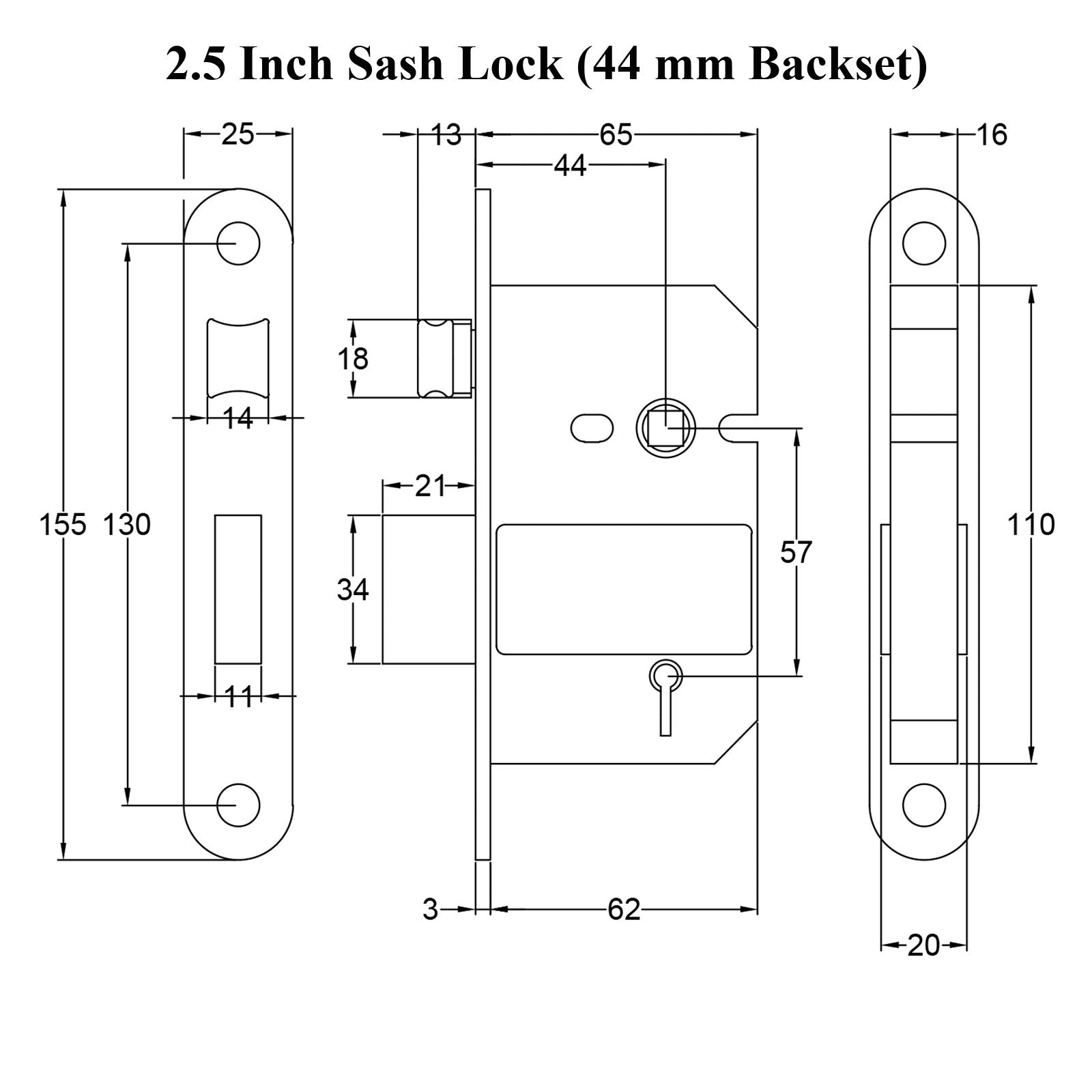 2.5 inch 5 lever sash lock dimension drawing SHOW