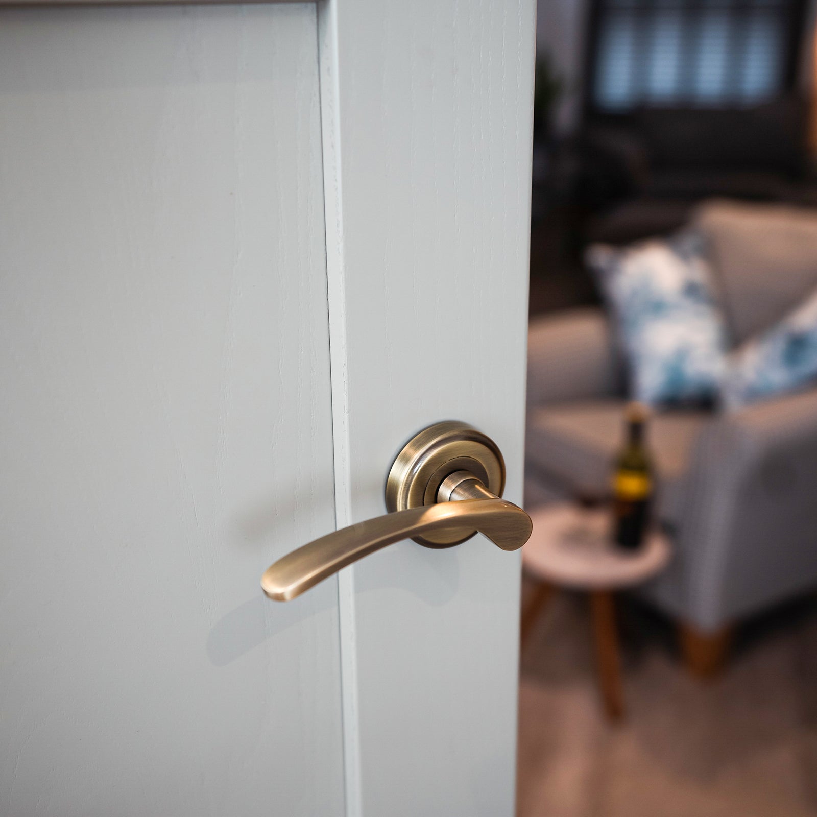 aged brass slim lever on rose door handle, classic round rose handles SHOW