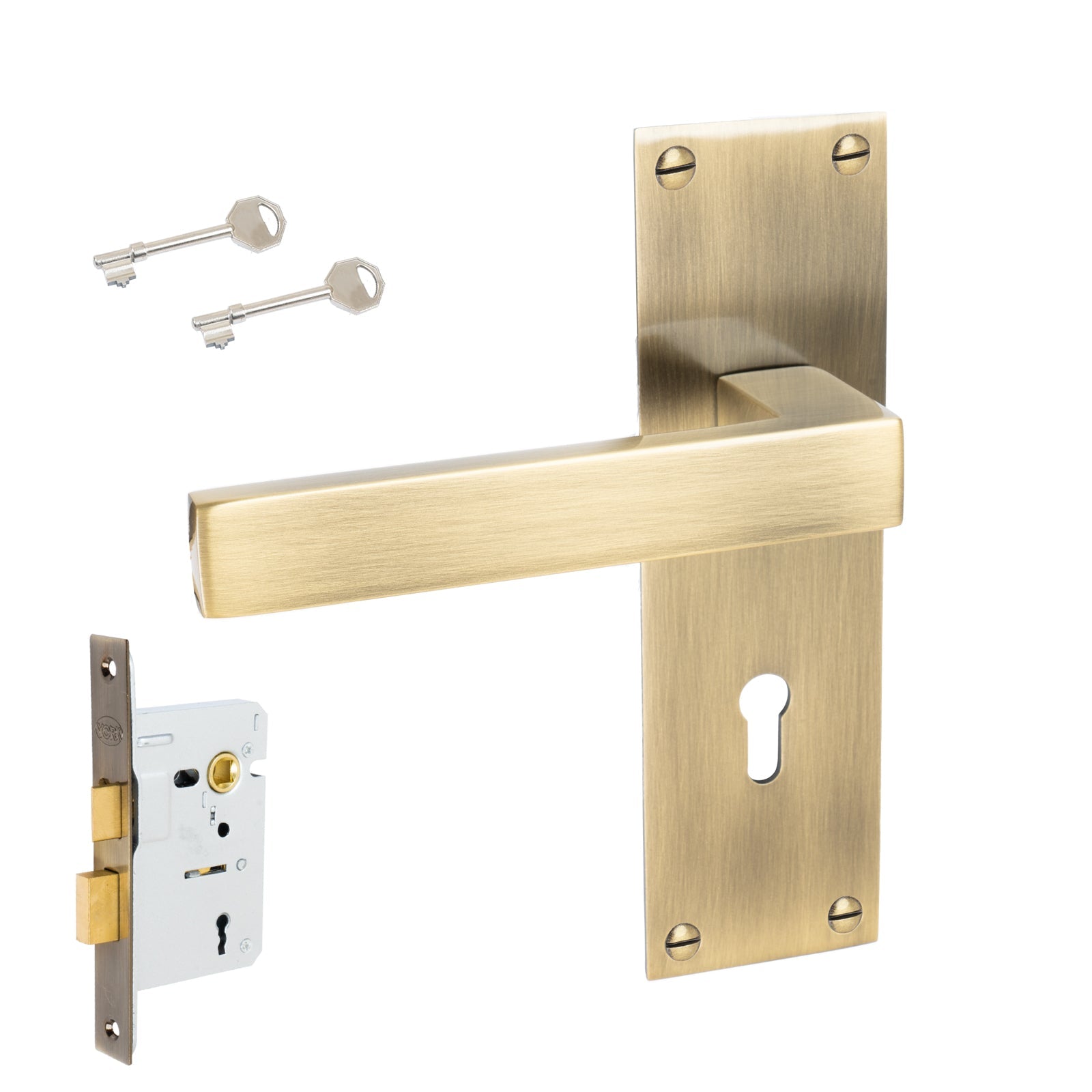 Metro Door Handles On Plate Lock Handle Set in Aged Brass