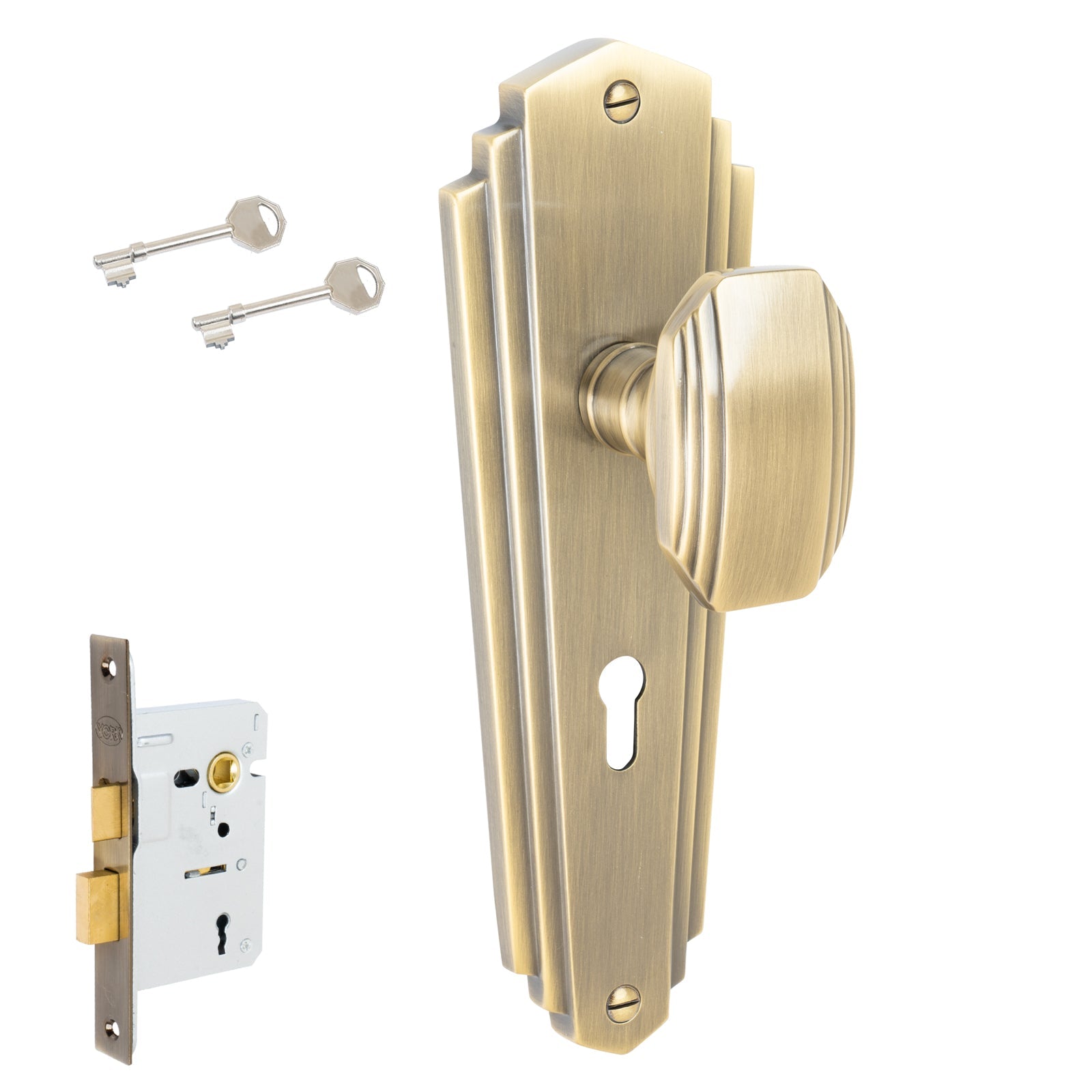 Charlston Door Handles On Plate Lock Handle Set in Aged Brass