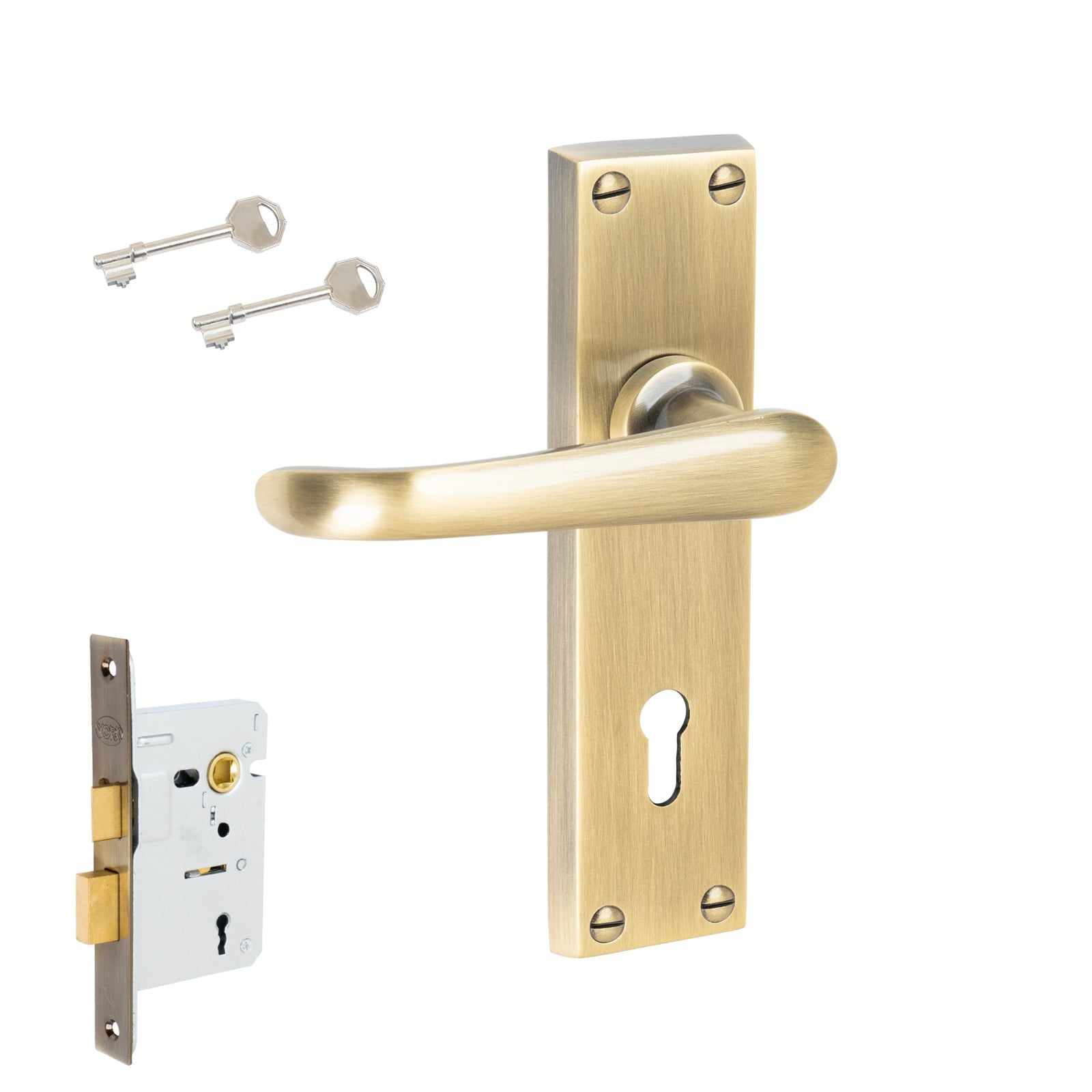 Windsor Door Handles On Plate 5 Lever Lock Handle Set in Aged Brass