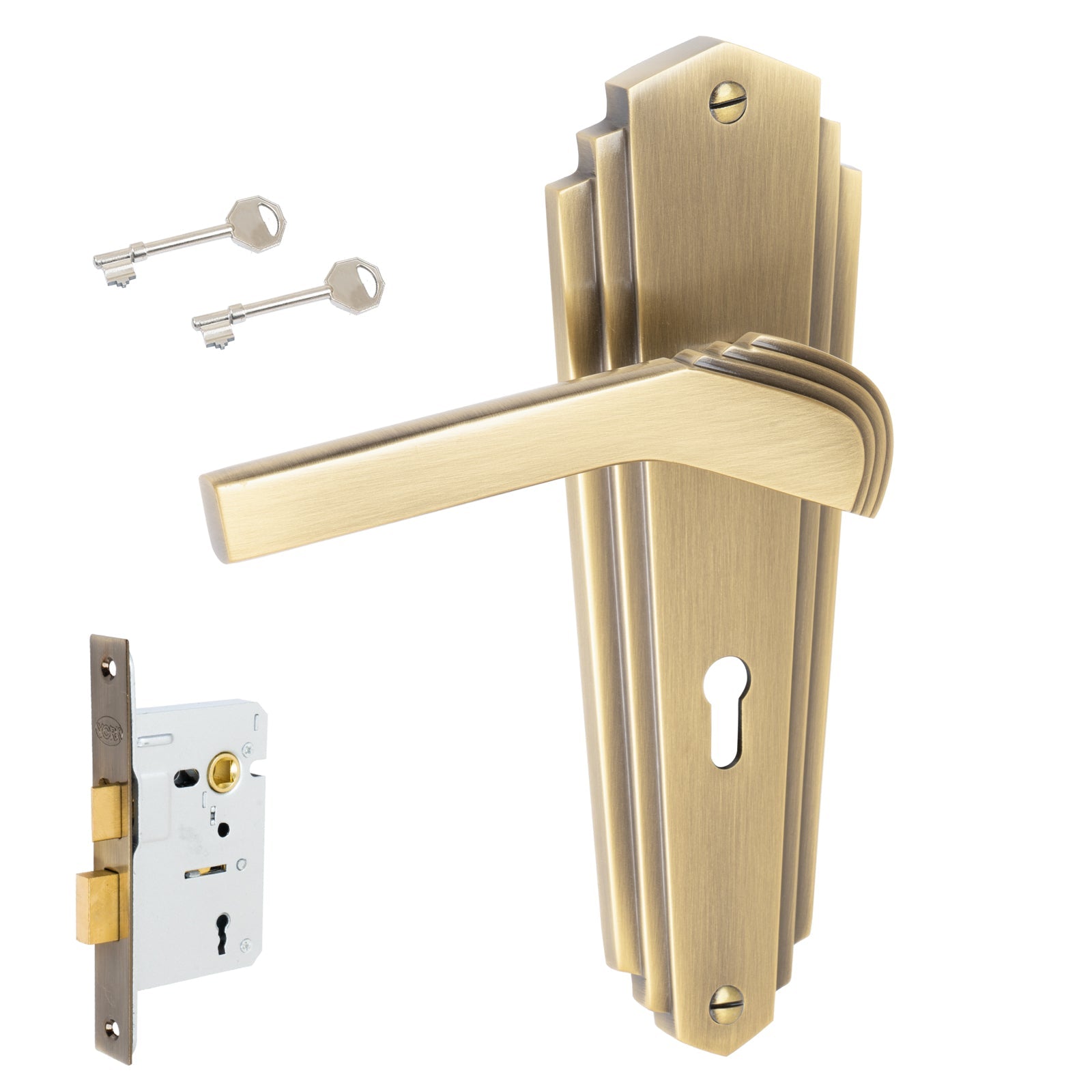 Waldorf Door Handles On Plate Lock Handle Set in Aged Brass