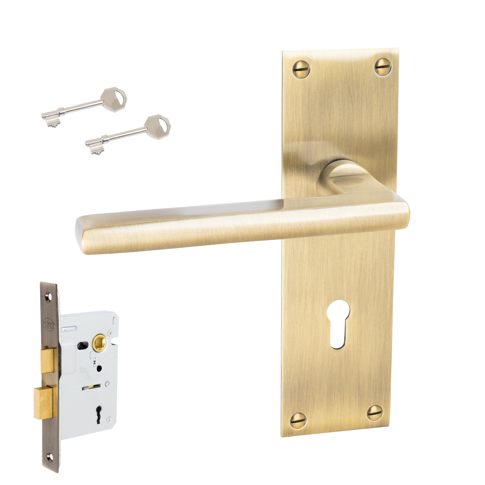 Trident Door Handles On Plate Lock Handle Set in Aged Brass