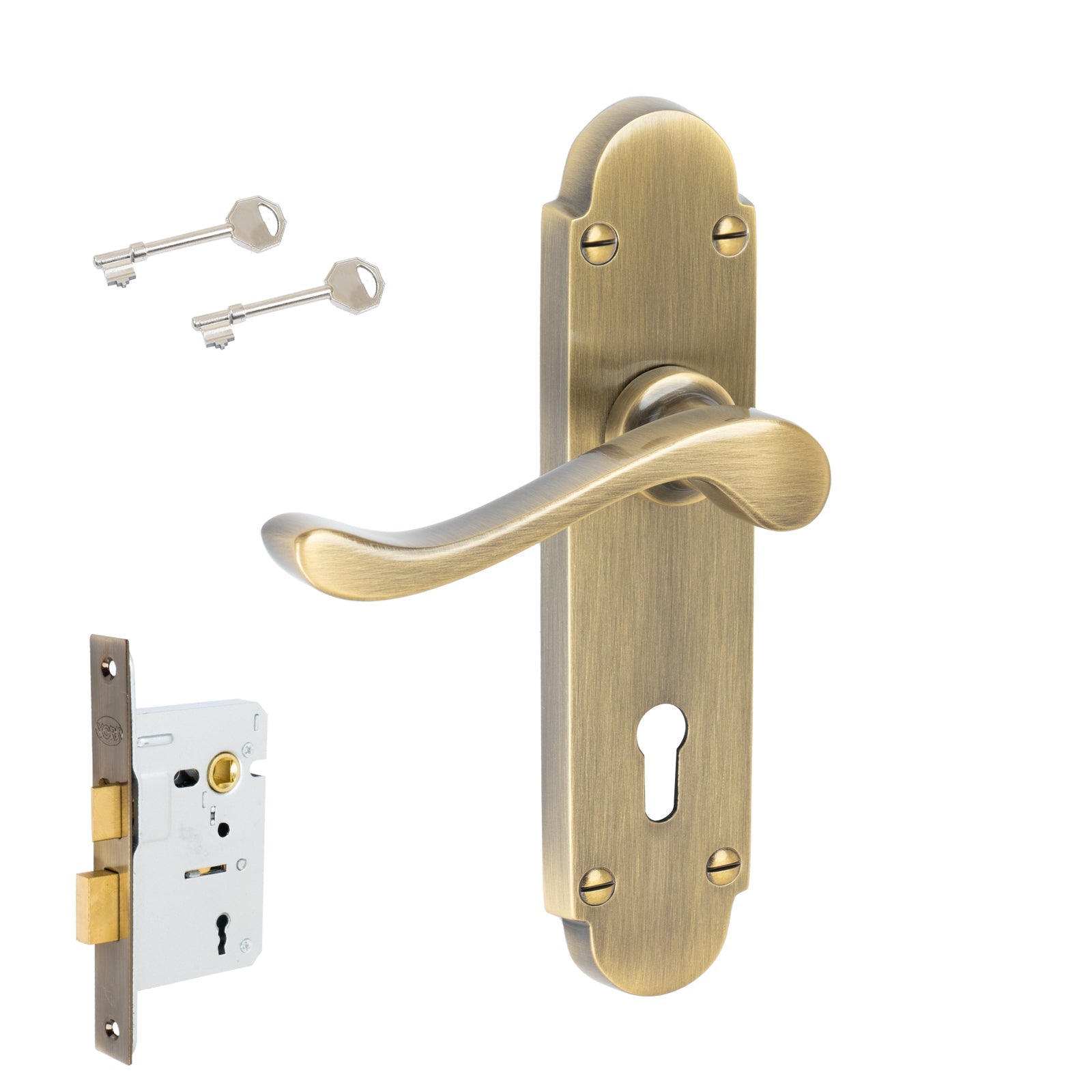 Savoy Door Handles On Plate Lock Handle Set in Aged Brass