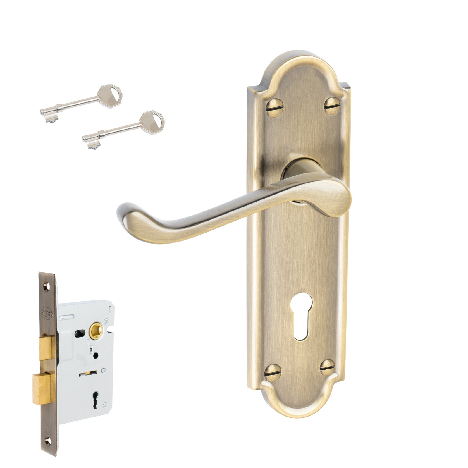 Meridian Door Handles On Plate Lock Handle Set in Aged Brass