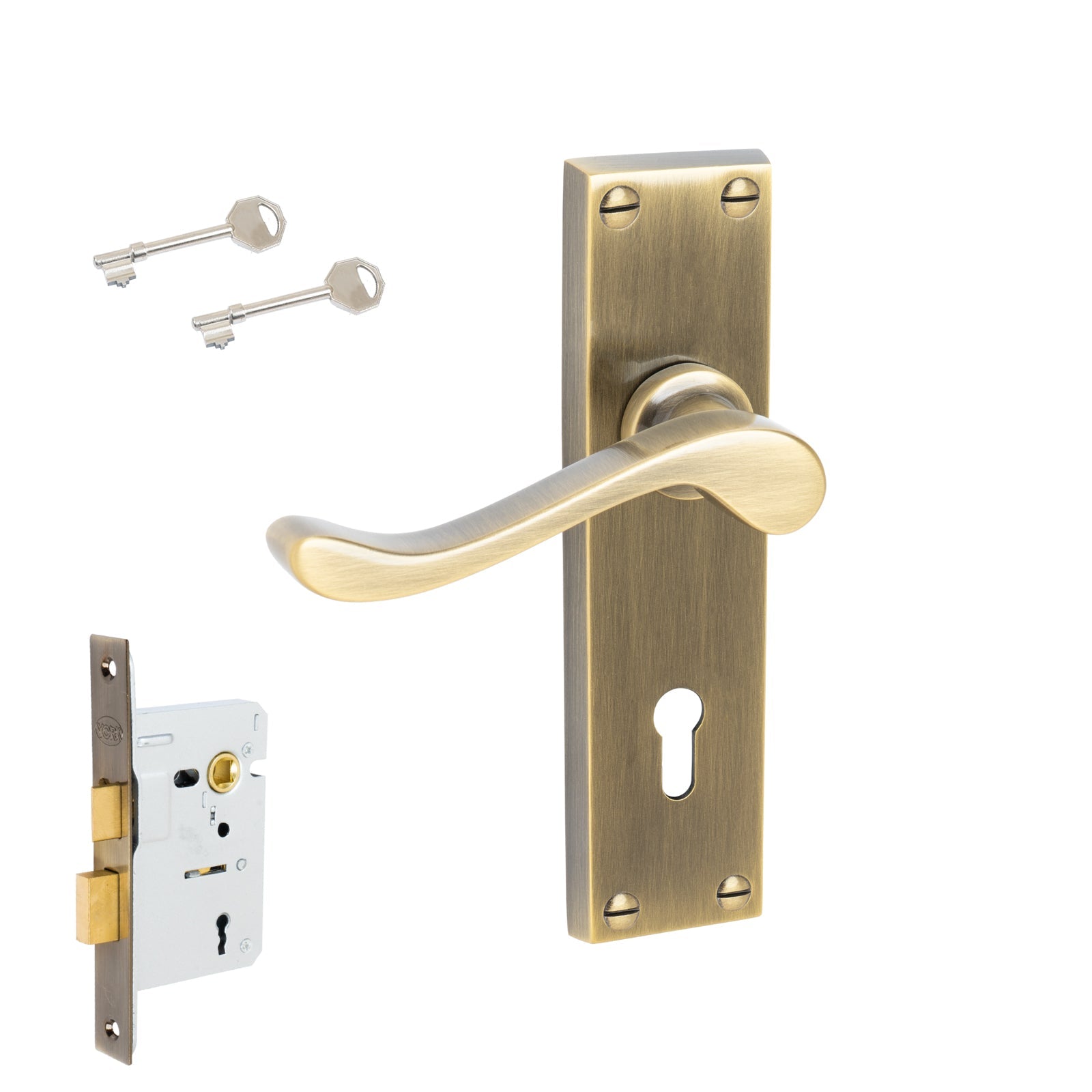 Bedford Door Handles On Plate Lock Handle Set in Aged Brass