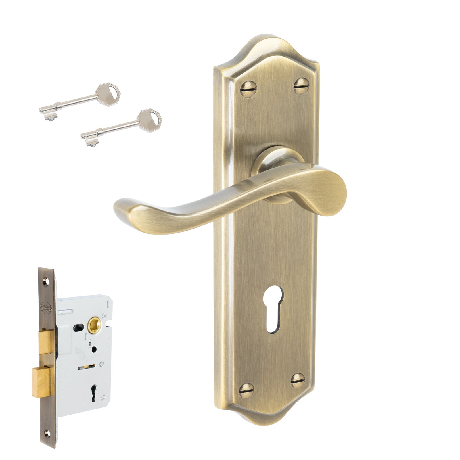 Buckingham Door Handles On Plate Lock Handle Set in Aged Brass