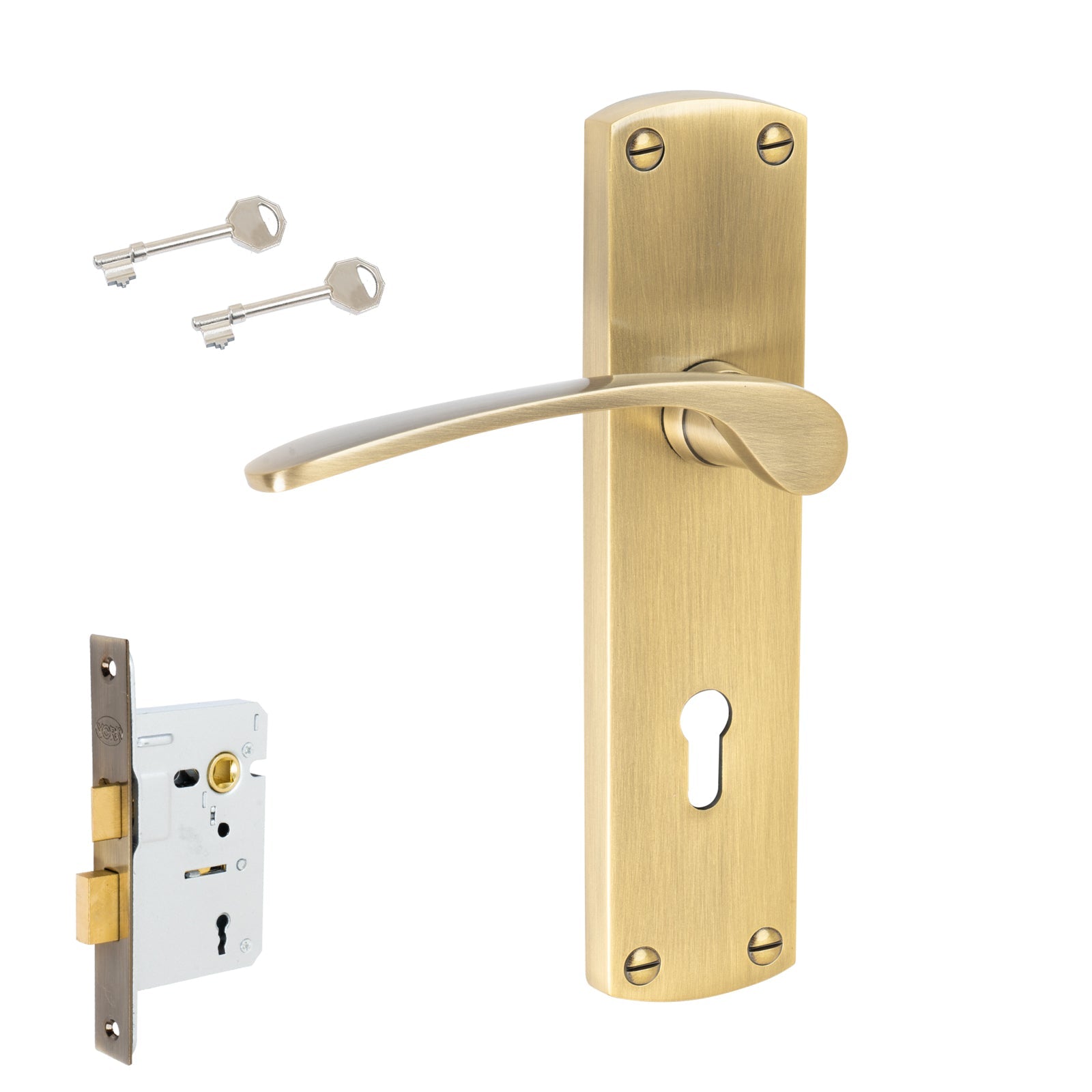 Diplomat Door Handles On Plate Lock Handle Set in Aged Brass